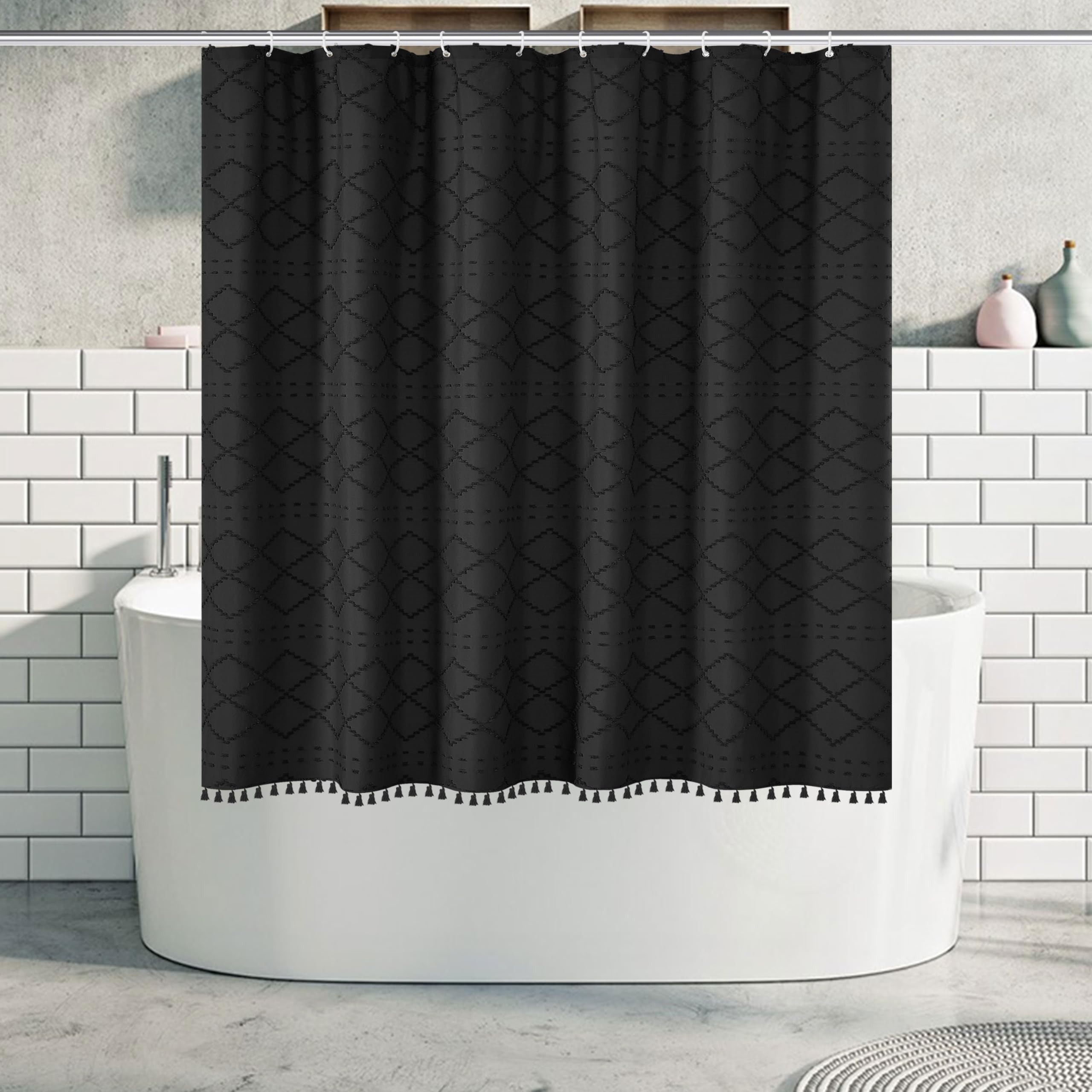 Boho Black Woven Fabric Short Shower Curtain with Tassels