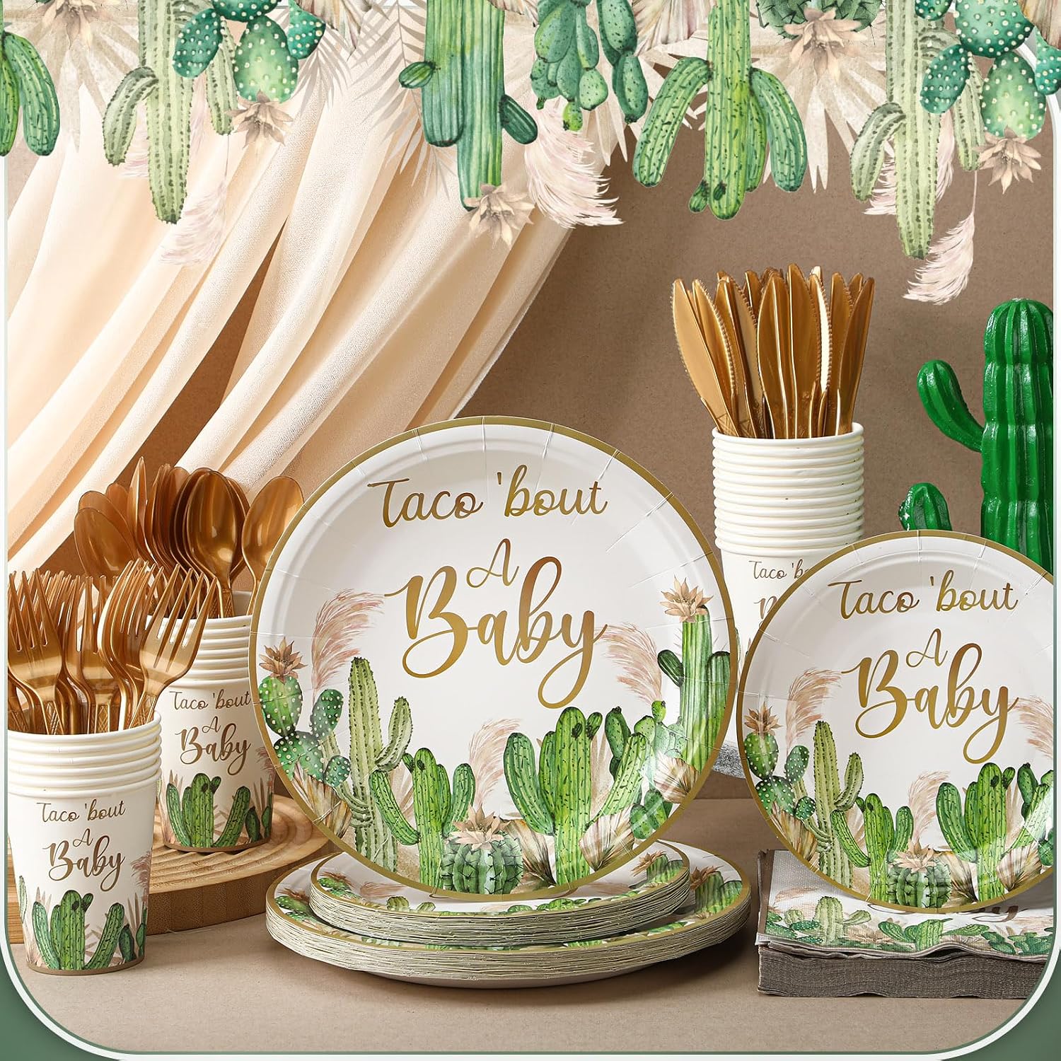 350 Pcs Taco' Bout A Baby Party Decorations Cactus Taco Pampas Grass Baby Shower Party Tableware Set Disposable Plates Cups Napkins Cutlery for Birthday Baby Shower Wizard Party, Serve 50