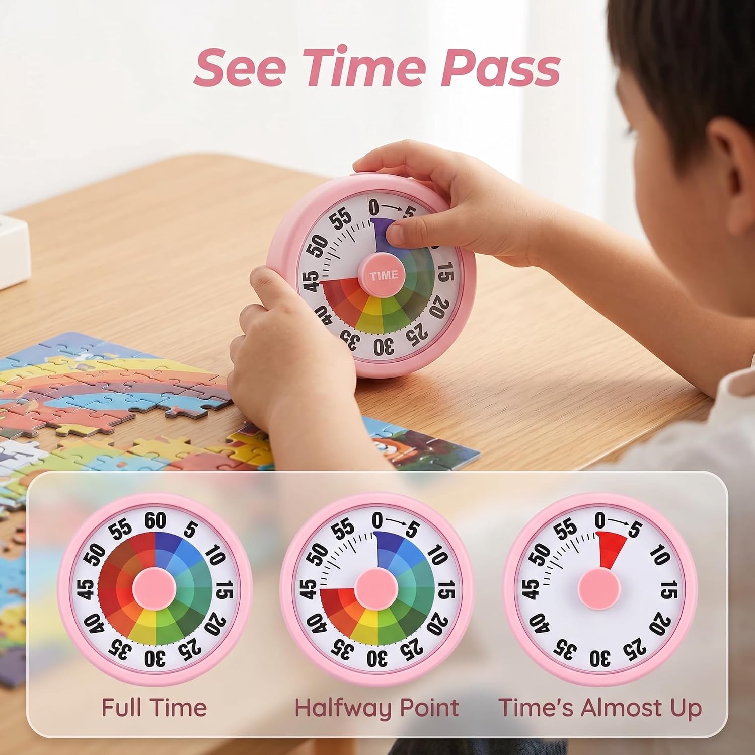 Visual Timer for Kids – 60 Minute Countdown Timer, Silent Operation, Kitchen Timer & Study Timer for Children, Easy One-Button Control, Color-Coded Dial (Pink)