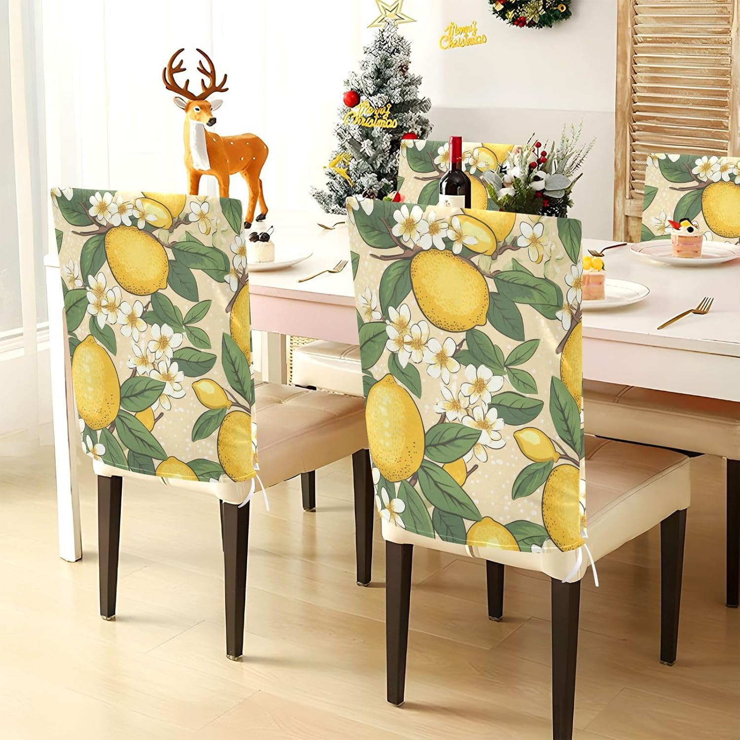 ALAZA Lemon Flowers Dots Chair Back Cover Set of 6, Washable Reusable Removable Chair Slipcovers Decorative Chair Cover for Home Kitchen Wedding Party