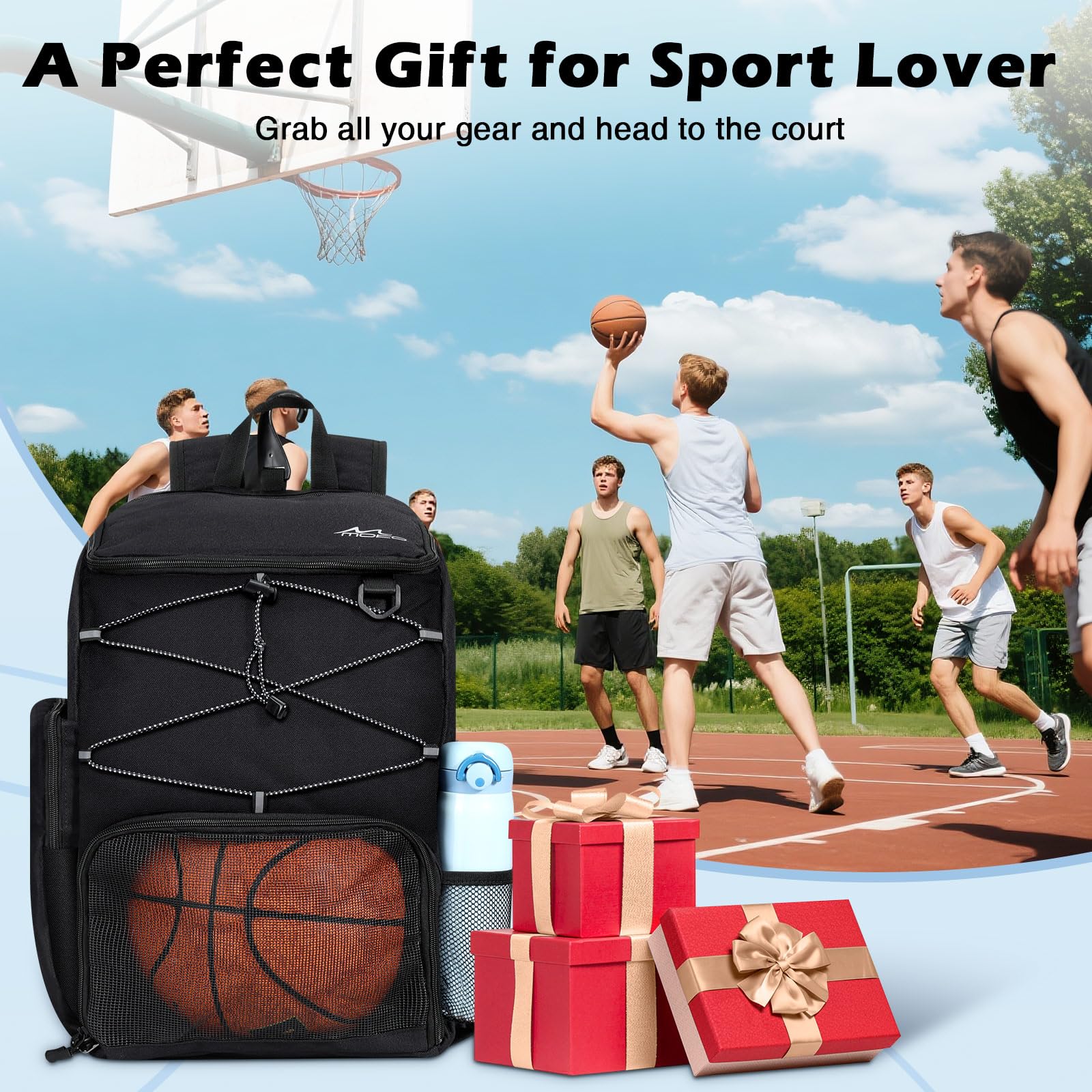 MoKo Sac de basket-ball, sac à dos de basket-ball avec sac à chaussures respirant, sac à dos avec plusieurs poches, crochet de clôture caché et port de charge pour les amateurs de sport de ballon