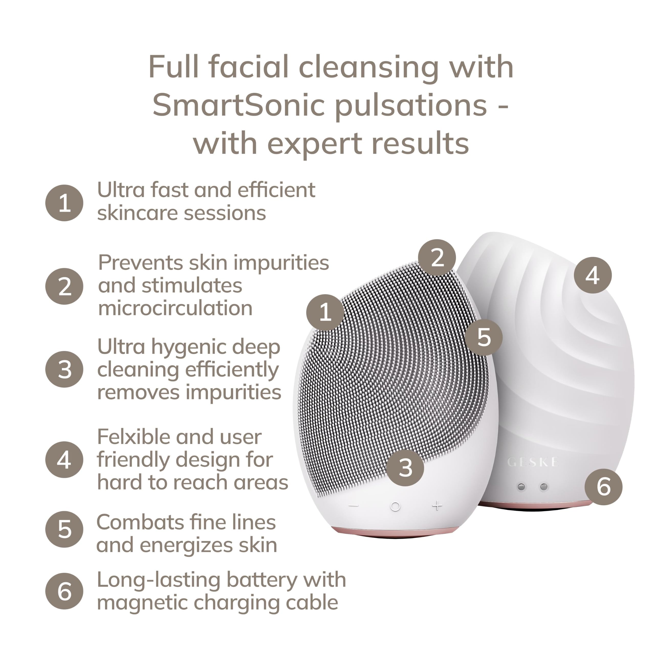 GESKE SmartAppGuided™ Brosse sonique pour le visage 5 en 1 | Brosse de nettoyage électrique vibrante pour le visage | Brosse en silicone souple | Nettoyant visage professionnel | Nettoyant et