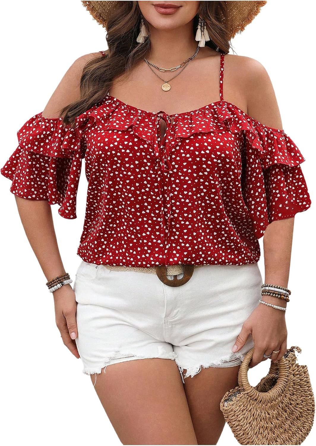 Floerns Women's Plus Size Cold Shoulder Layered Hem Short Sleeve Boho Blouse Tops