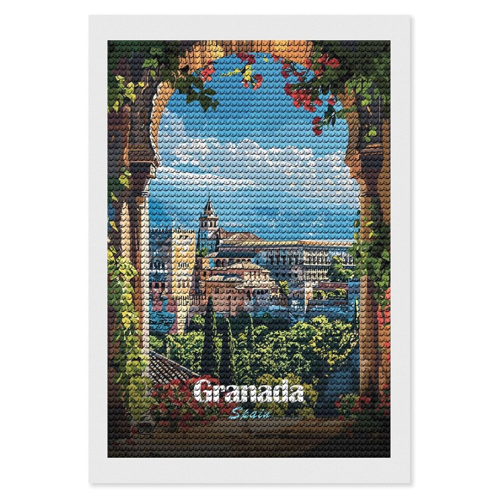Junmoney Granada, Spain Cityscape Full Drill Diamond Painting Kit 8"x12", Sparkling Round Gems, Decorate Your Room, Mindful Craft Activity