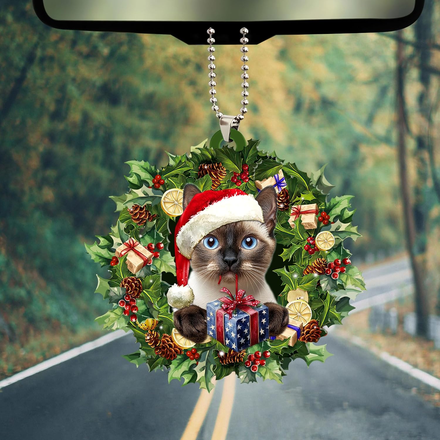 Talataca Siamese Cat Wearing Christmas Hat with Wreath 2D Flat Car Rear View Mirror Accessories Christmas Tree Ornament Decoration Hanging Charm Interior Rearview Pendant Decor Gift image 5