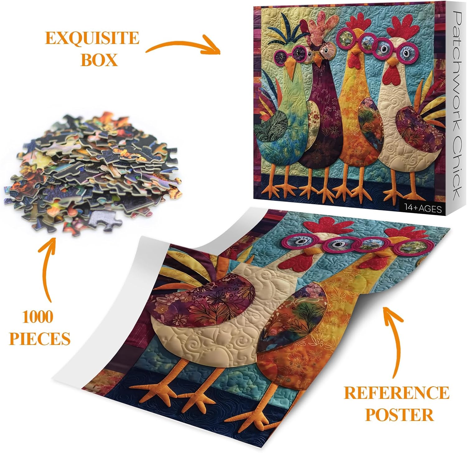 Funny Chicken Puzzles for Adults 1000 Pieces, Colorful Quilt Rooster Jigsaw Puzzle Animal, Vintage Embroidery Patchwork Art Puzzle