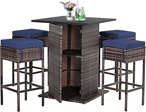 Miniatura 14 de Tangkula - Juego de barra para patio, 3 piezas de mimbre para exteriores, con 2 taburetes con cojines y mesa con cubierta de cristal, color gris