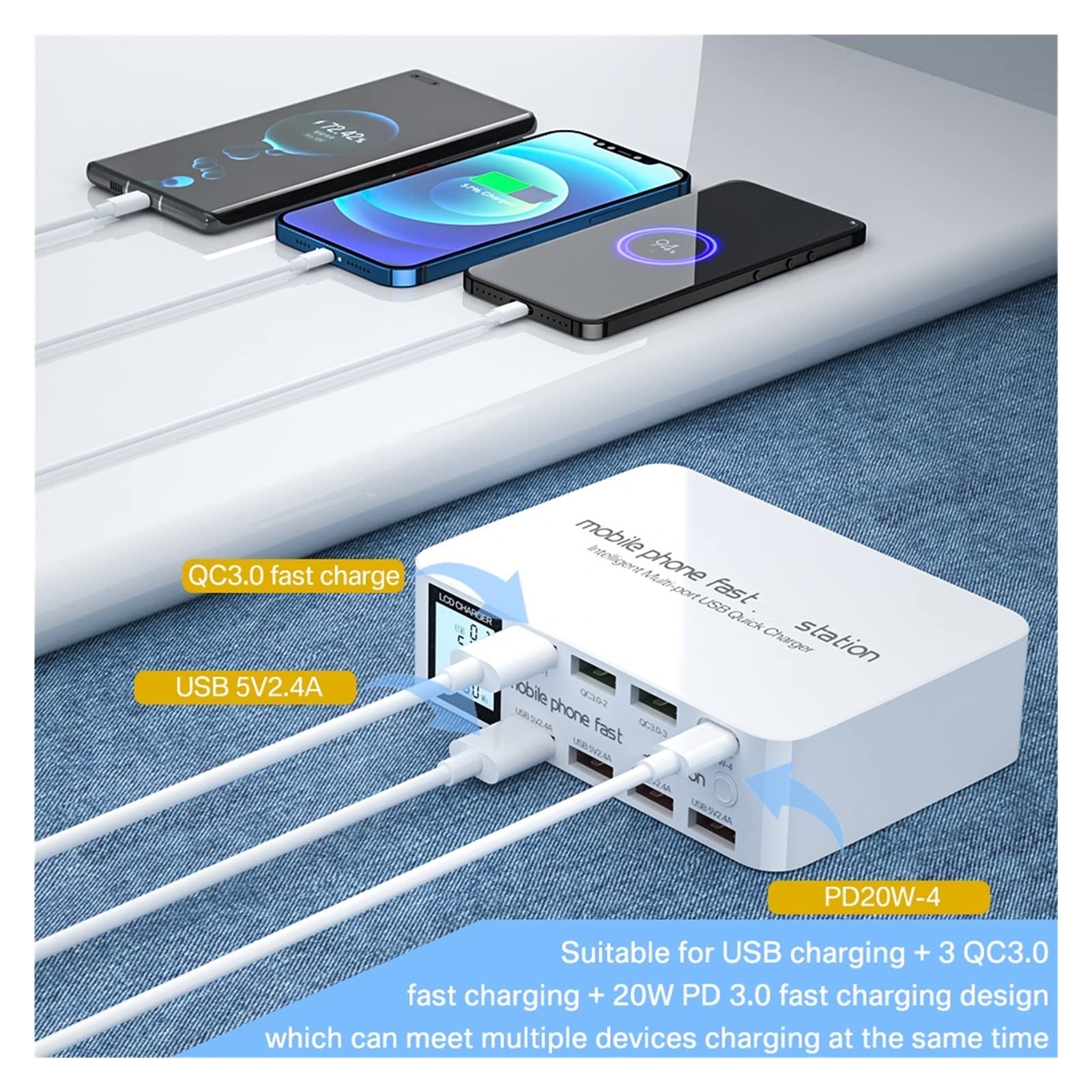 8-portowa szybka ładowarka USB szybkie ładowanie QC3.0 PD3.0 Multi USB stacja ładująca LCD cyfrowy wyświetlacz szybka ładowarka Bezpieczna ładowarka