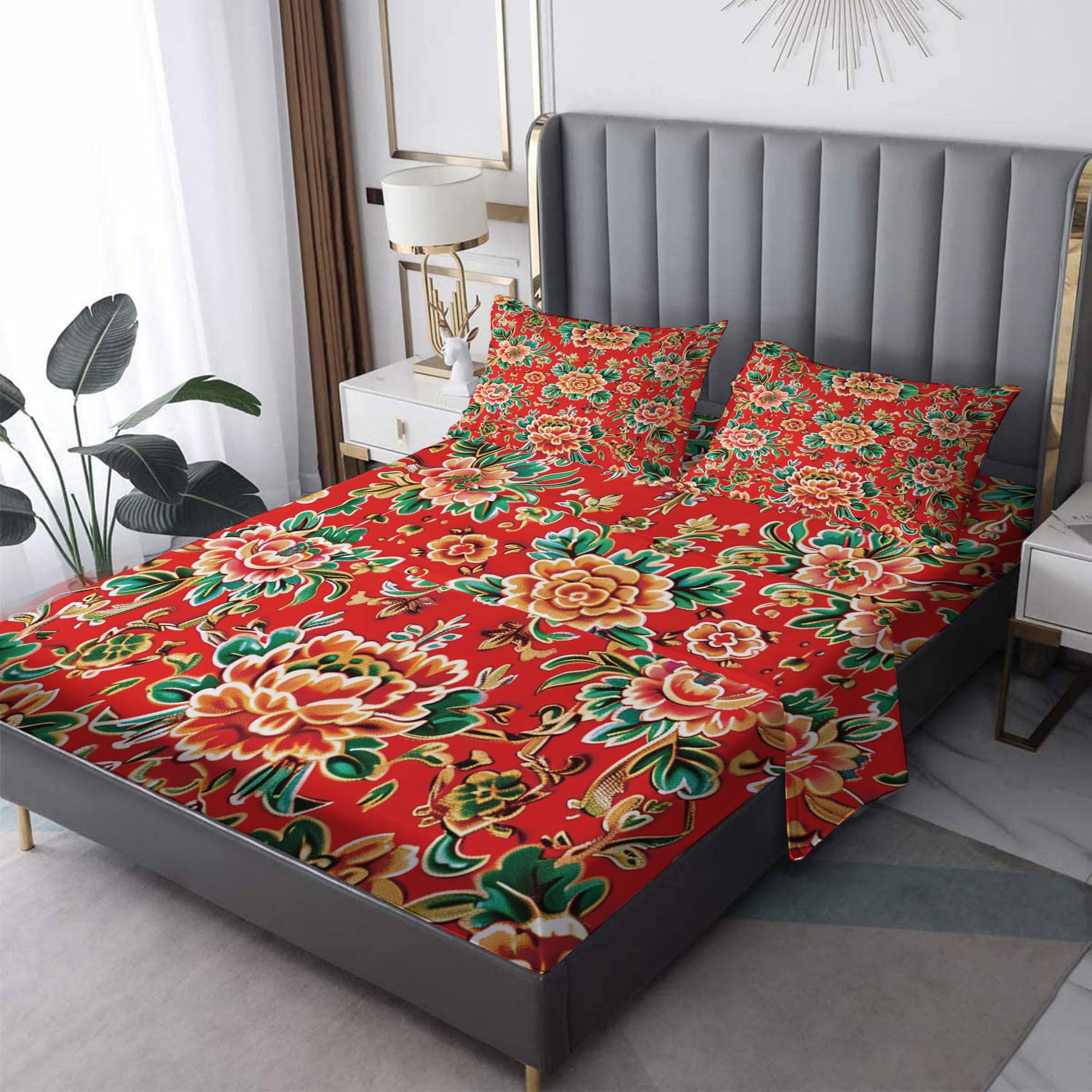 Zvynqour - Japanese Chinese Style Twin Size Sheet Set, Floral Bed Sheets, 16" Deep Fitted Sheets, Flat Sheets & Pillowcases, Set of 3
