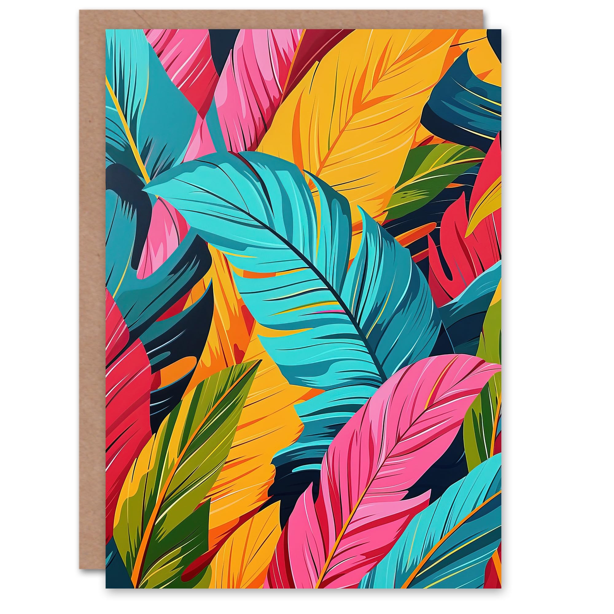 Artery8 Greeting Card Colourful Tropical Fronds Stylised Leaves Pattern Blank For Him Or Her Art Birthday Card