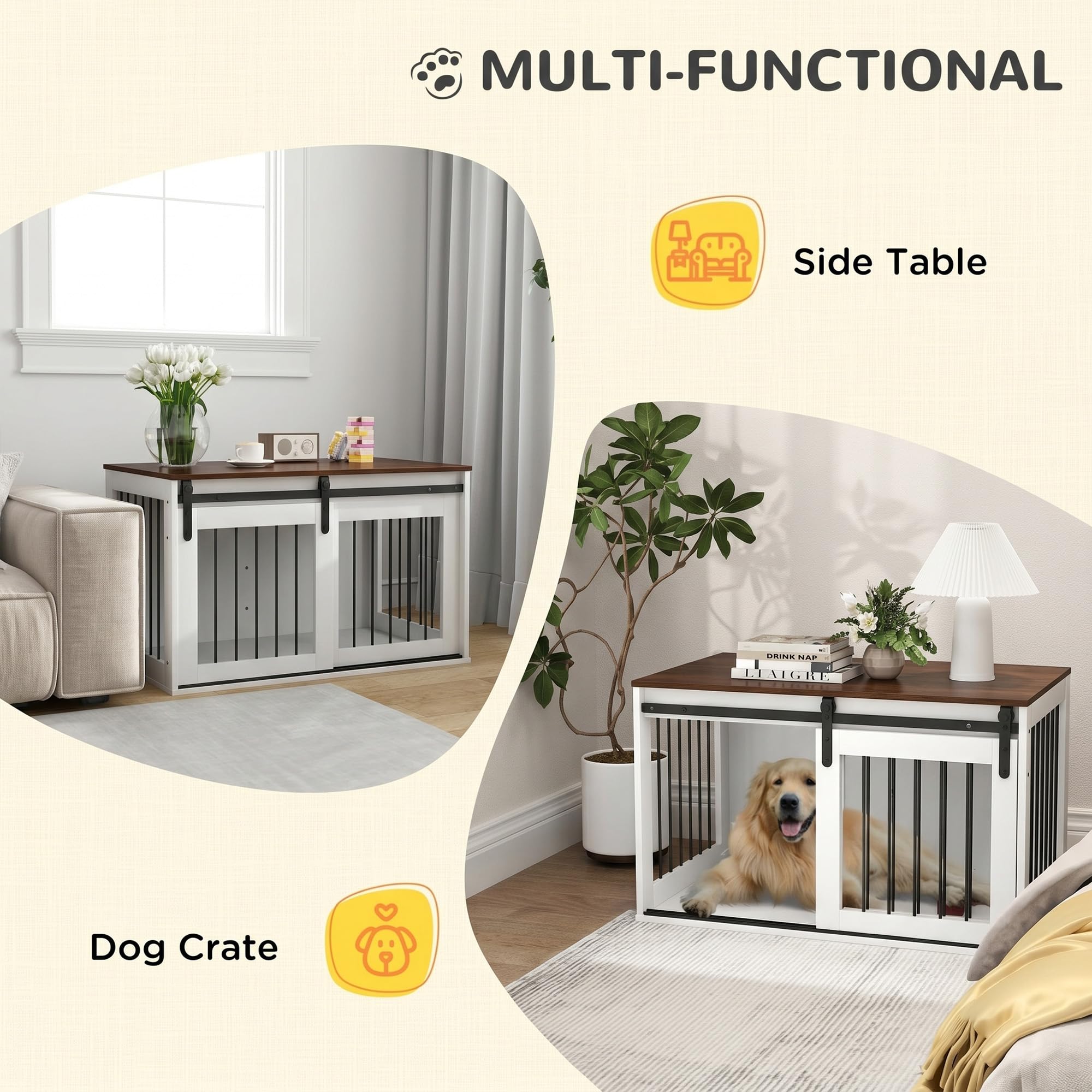 PawHut Hundekäfig Abschließbar XXL 98 cm für Große Hunde Weiß | Hundebox Schiebetüren, Moderne Metall Indoor Hundehütte, 98 x 58 x 61 cm