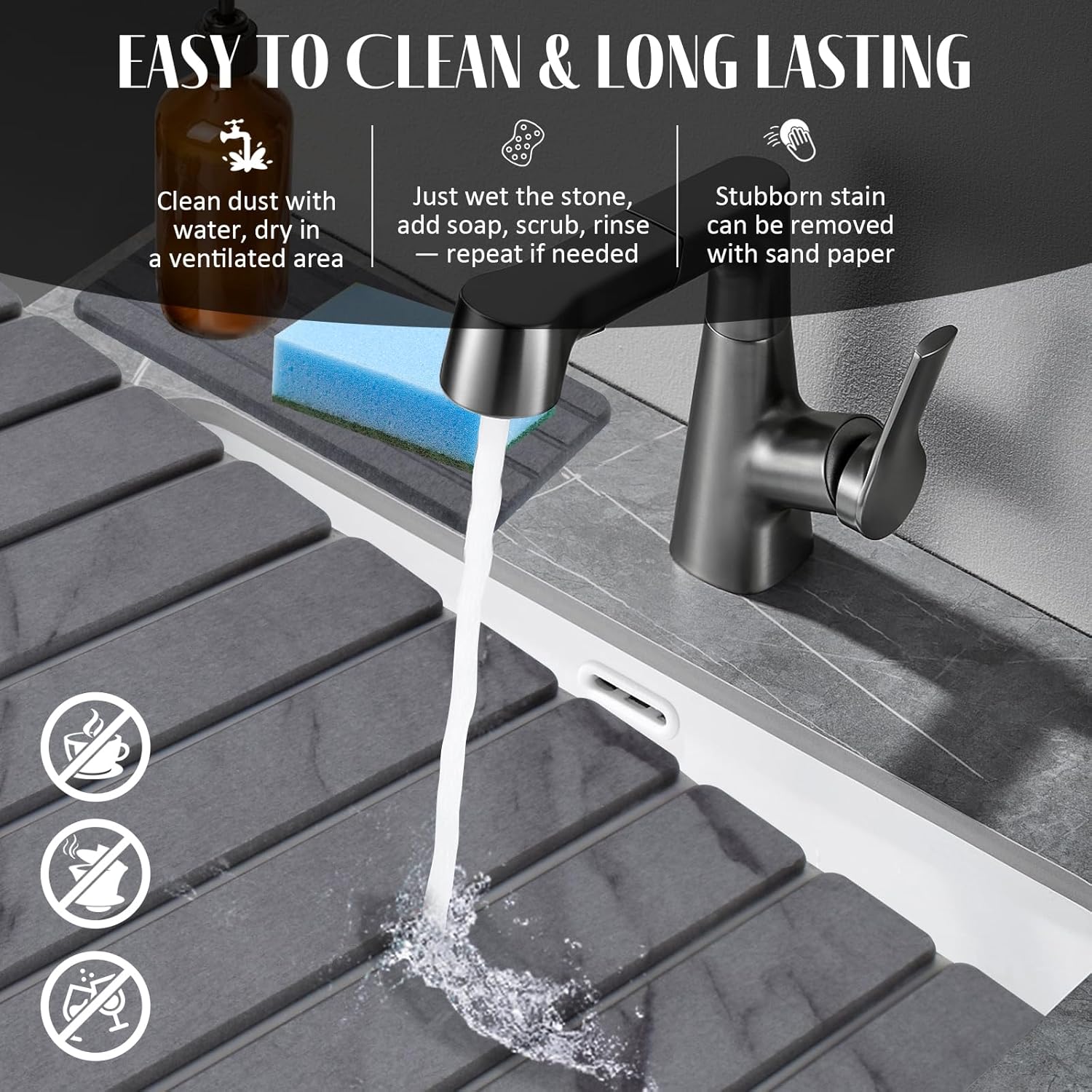 2 PCS Extra Large Stone Dish Drying Mat for Kitchen Counter, 28"×16" Marble Dish Drying Mat with 8"x 4" Coasters, Non - Slip Collapsible Absorbent Mat for Multi - Purpose, Match Any Countertop