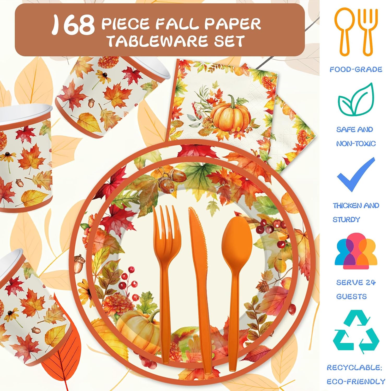 YQUQWN 168 Pcs Thanksgiving Paper Plates and Napkins, Fall Disposable Dinnerware Set for 24 Guests, Includes Paper Plate Cup Napkin Spoon Knives Fork, Party Supplies for Thanksgiving Fall Harvest