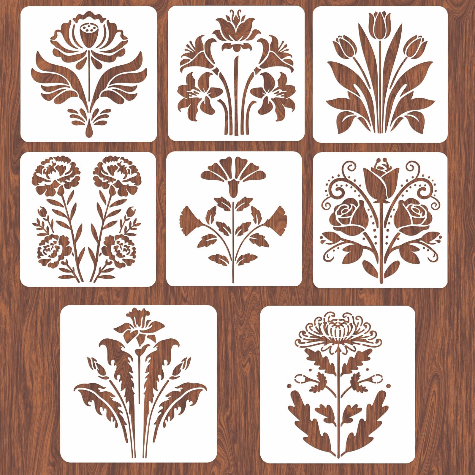 INFUNLY 8Pcs Flowers Rose Painting Stencil for Wall 11.8×11.8" Reusable Daffodils Wall Stencils Chrysanthemum Painting Template Small Walls Stencil Templates for Crafts Cement Wood Furniture Bedroom