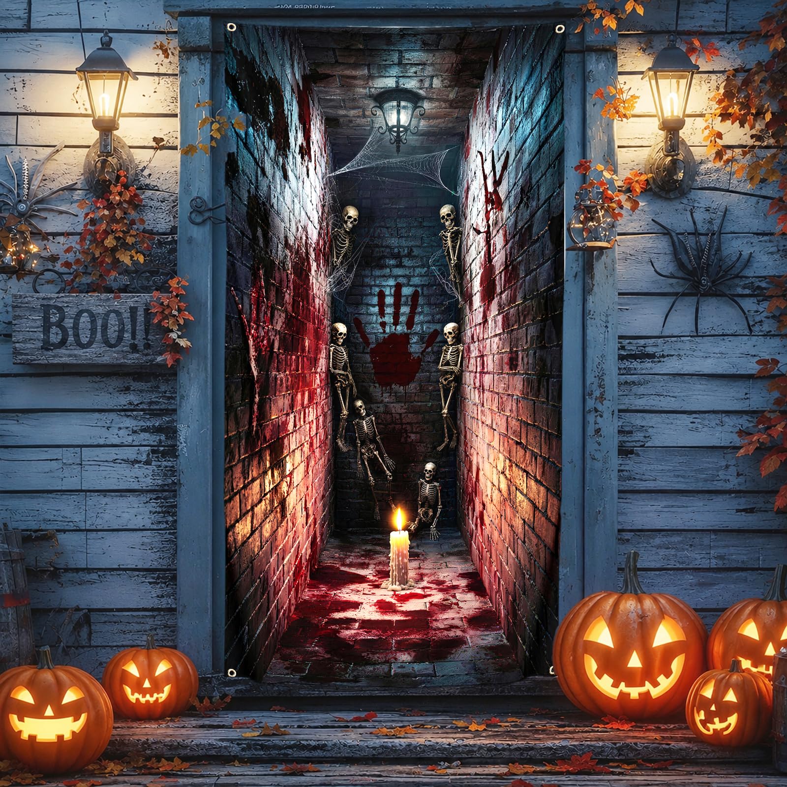 Dekoracje na drzwi Halloween, baner, cukierek albo psikus, Halloween, osłona drzwi, tkanina, horror, szkielet, korytarz, wiszące drzwi, Halloween, baner, dekoracja na drzwi wejściowe, werandę, na