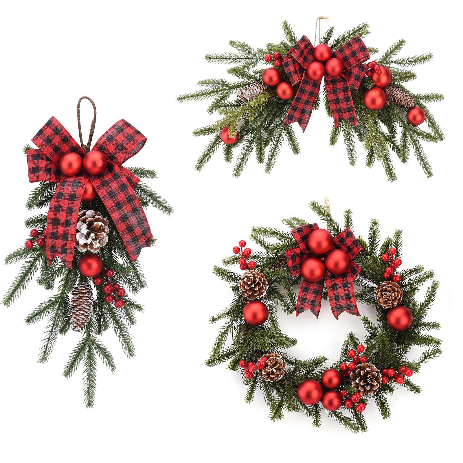 MISNODE 18 In Artificial Christmas Wreath for Front Door, Winter Wearth with Pine Cones and Red Plaid Bow, Decorated with Ball Ornaments for Home Outdoor