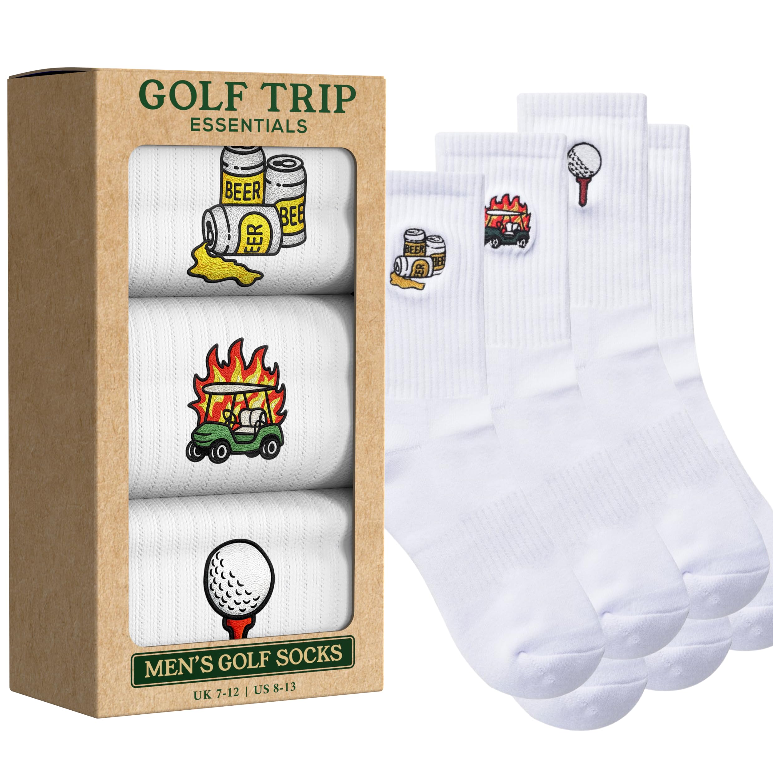Shanker Golf White Socks - Calzini essenziali da golf, confezione da 3, taglia US 8-13, divertenti calzini bianchi da uomo, accessori perfetti per il golf, regali per gli amanti del golf, papà, marito