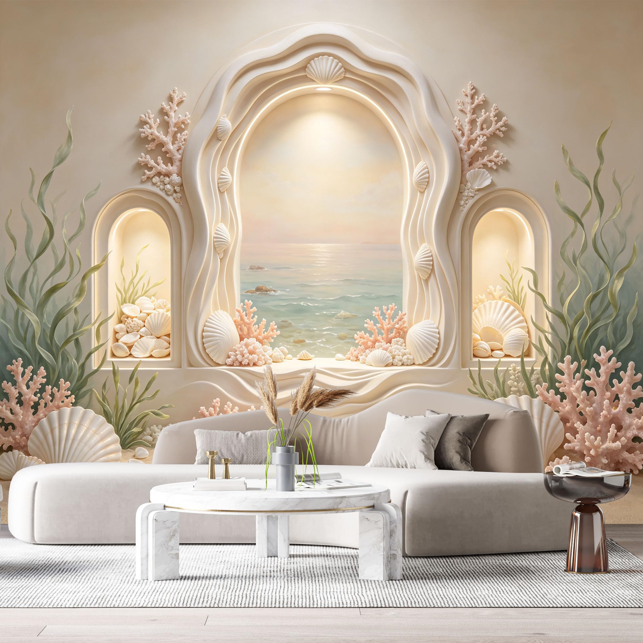 Custom Size Wall Murals Coastal Ocean Marine Seashell Coral 3D Trompe L'Oeil SelfAdhesiveWall Fabric Removable Wallpaper Wall Decor for Living Room Bedroom Bathroom
