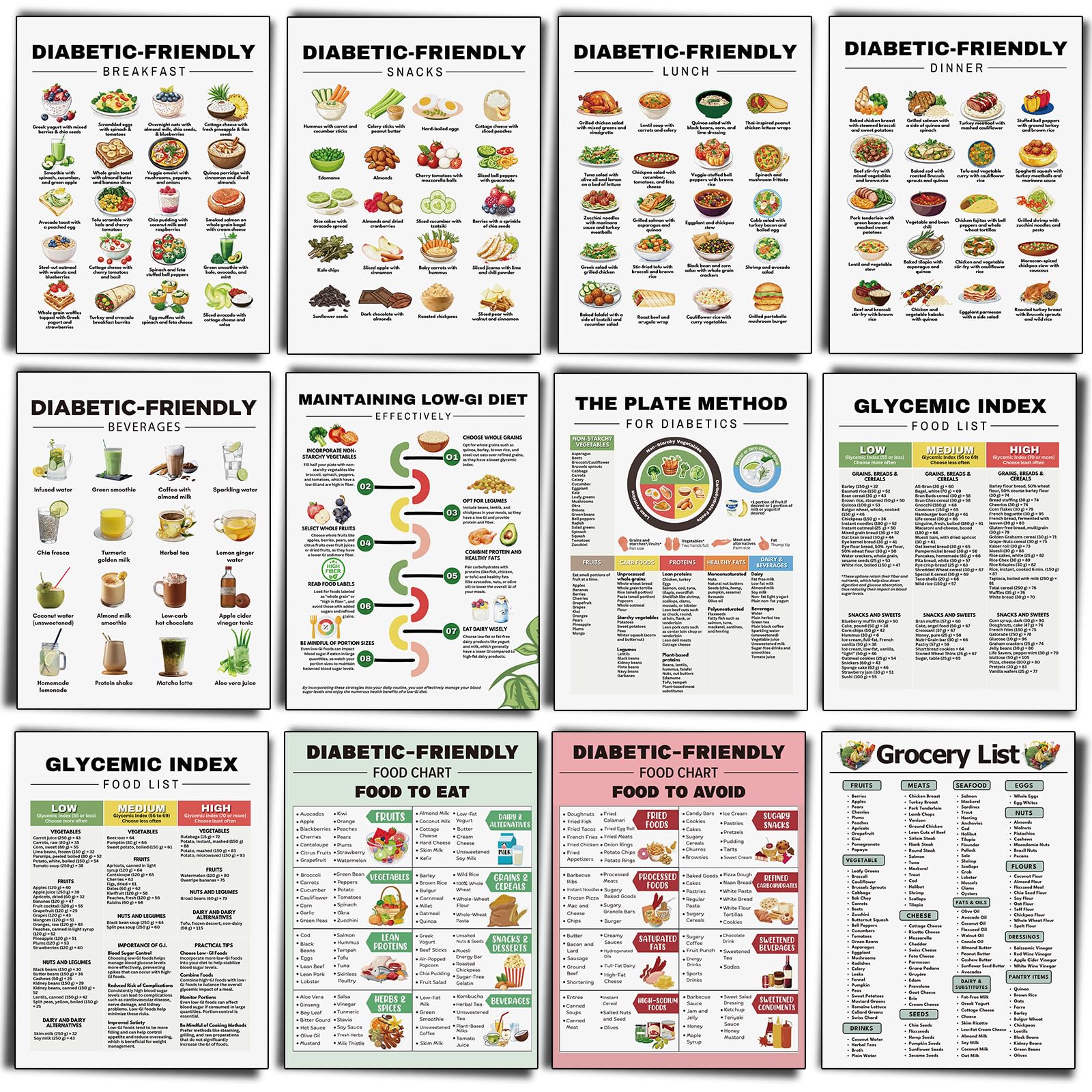 Sinload 12 Pcs Diabetes Food List Poster Diabetic Meal Plan Glycemic Index Food Grocery Chart for Blood Sugar Control