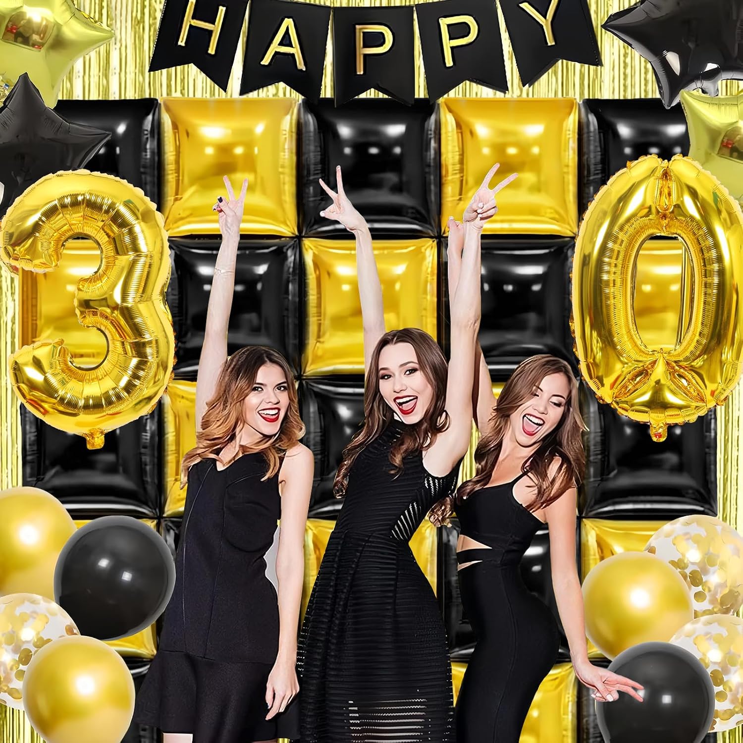 MEMOVAN Black Gold Square Foil Balloons Wall Backdrop Double Sided Metallic Black Gold Balloons Tunnel Arch Garland Black and Gold Party Decorations For Graduation Anniversary New Years Birthday 25pcs