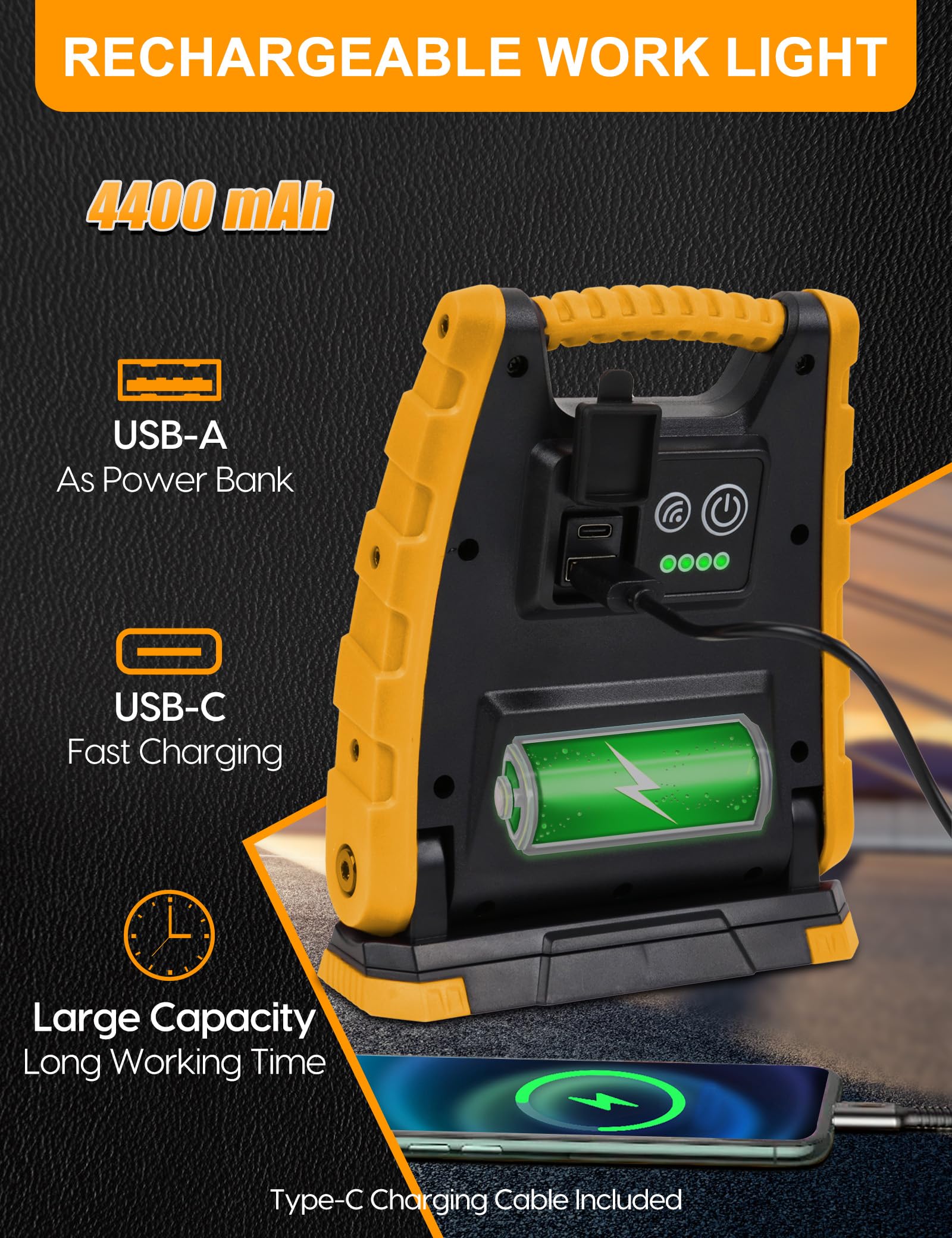 Adiding Luz de trabajo LED recargable de 4400 mAh, luz de inundación portátil debajo del capó, luz de trabajo con sensor y base magnética de rotación de 360°, luz mecánica alimentada por pilas para