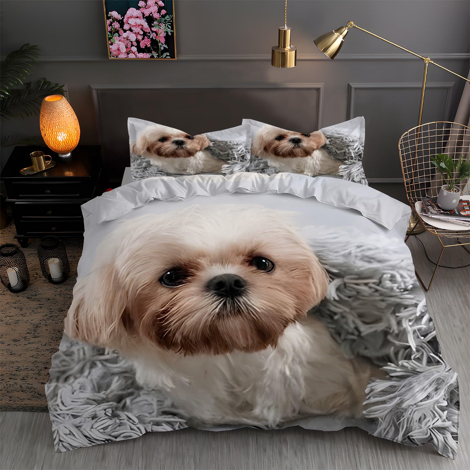 LLSZAHD Gray King Duvet Cover Shih Tzu 3D Bedding Sets Brushed Microfibre