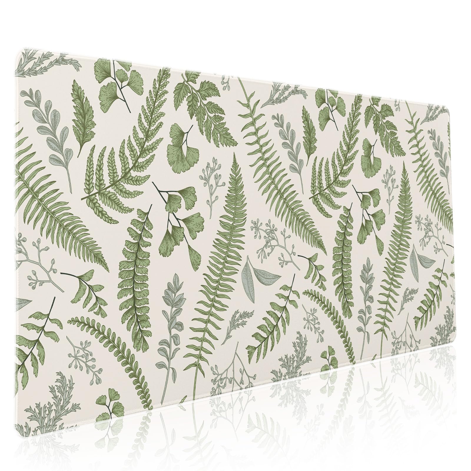 White Green Plant Flowers Mouse Pad XXL Tropical Fern Botanical Leaves Extended Desk Mat 90X40cm Non-Slip Rubber Base Stitched Edge Large Mousepad for Gaming Laptop Computer Desktop 35.4×15.7 Inch