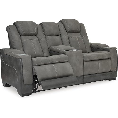 Signature Design by Ashley Power Reclining Loveseat with Console, Gray | Water-resistant faux leather, Zero-gravity recline, Easy View adjustable headrest, Wireless charging, Next-Gen Durapella