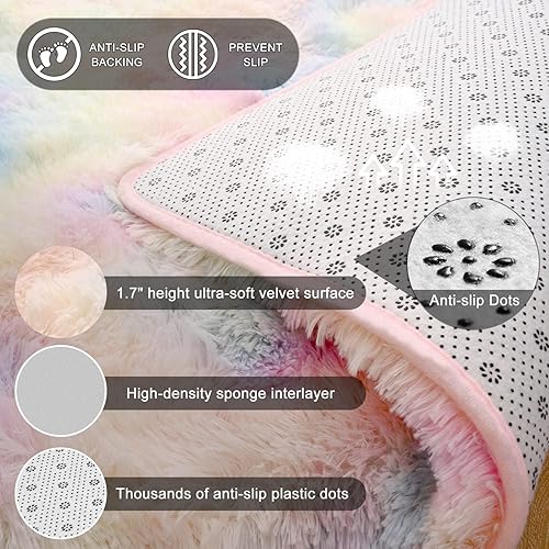 Miniatura 3 de Terrug Alfombras de área esponjosas para sala de estar, dormitorio, 3 x 5 pies, teñido anudado arco iris, alfombra grande, antideslizante, moderna