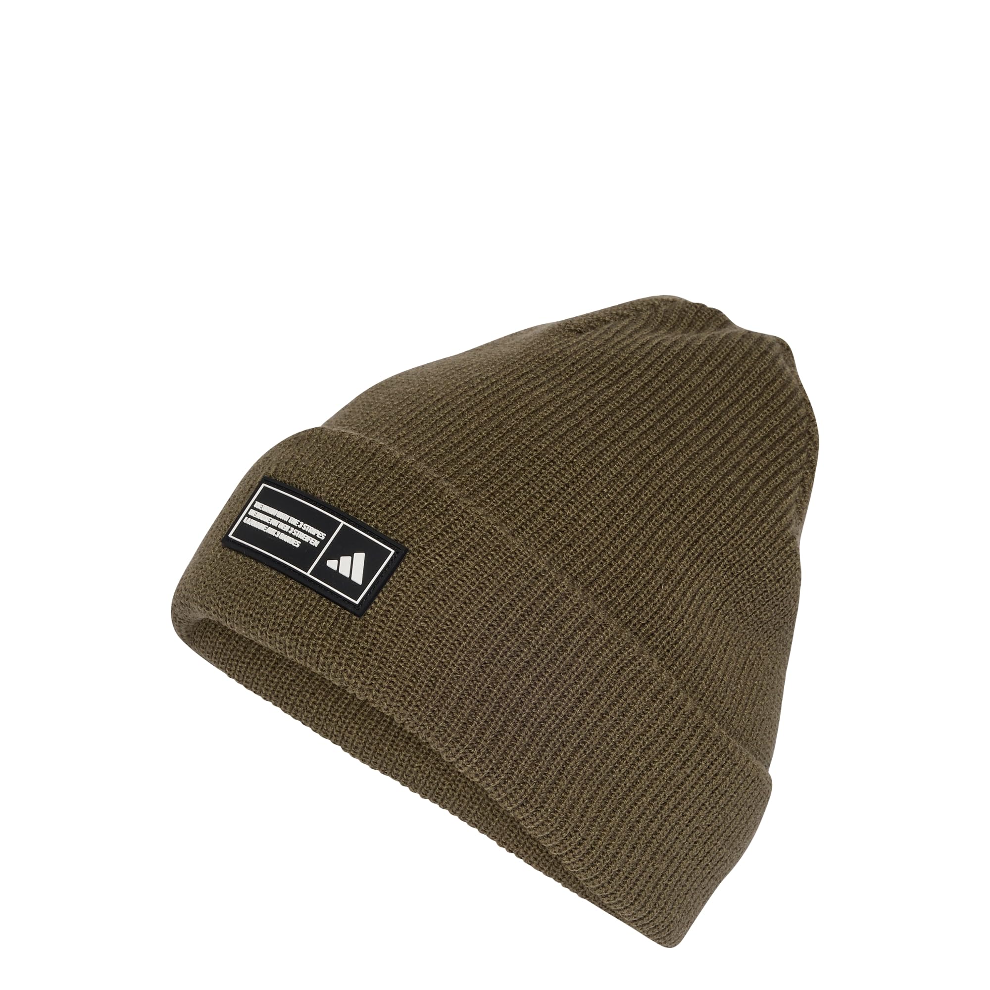adidas Unisex Essentials Label Beanie Cuffed Hat, Olive strata/White, XXS-XS