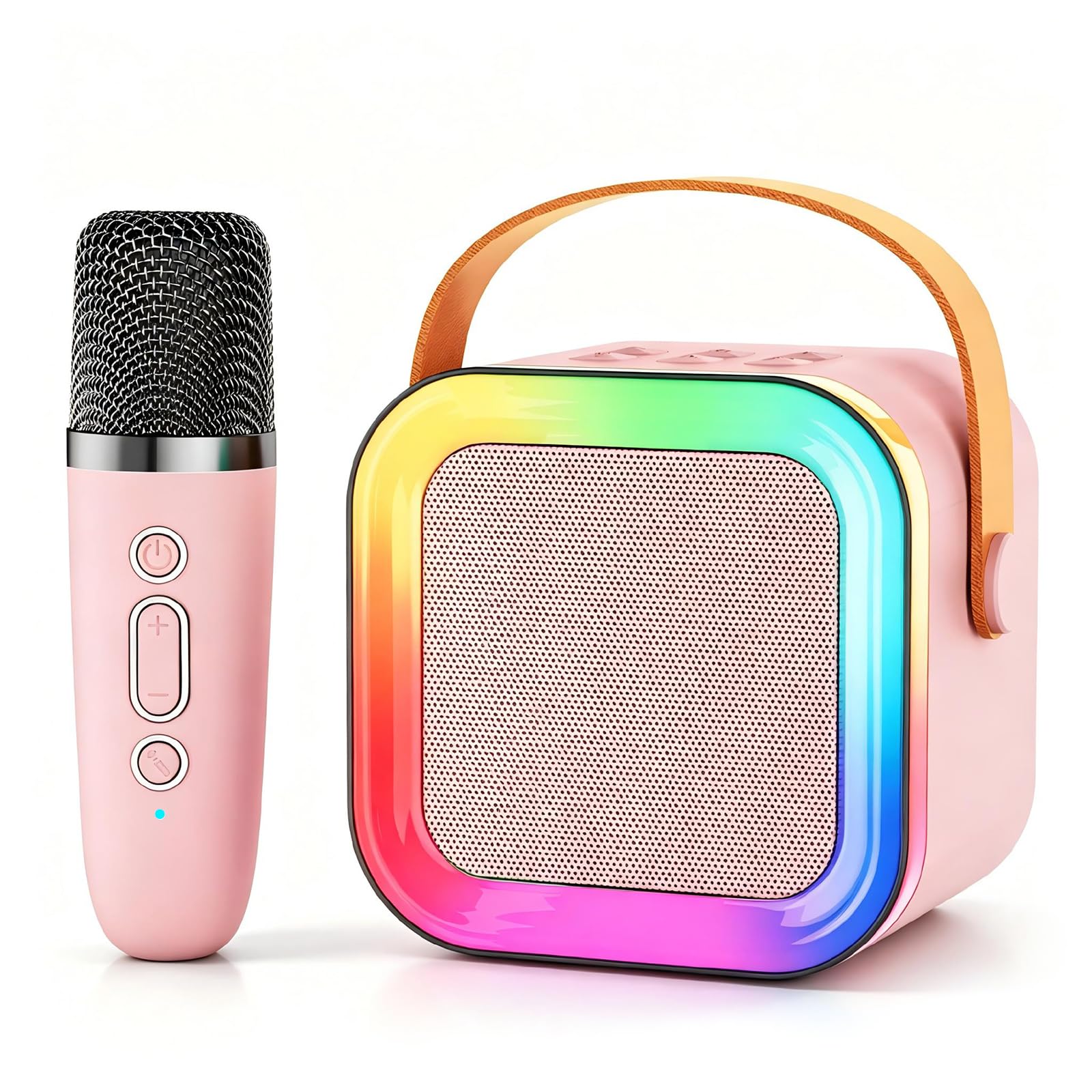 Mini Kids Karaoke Machine Ages 3-12, Wireless Mics Bluetooth Speaker, Pink | LED Party Lights, Voice Changer, Duets, BT 5.3, Rechargeable Portable, Birthday Christmas Toys & Gifts for Boys & Girls