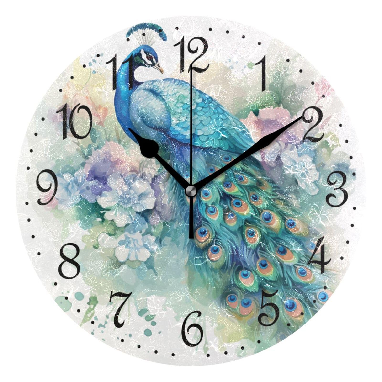 Mnsruu Wall Clock Peacocks Flower, Silent Non-Ticking Decorative Animals Wall Clocks Battery Operated 25x25cm — image 1
