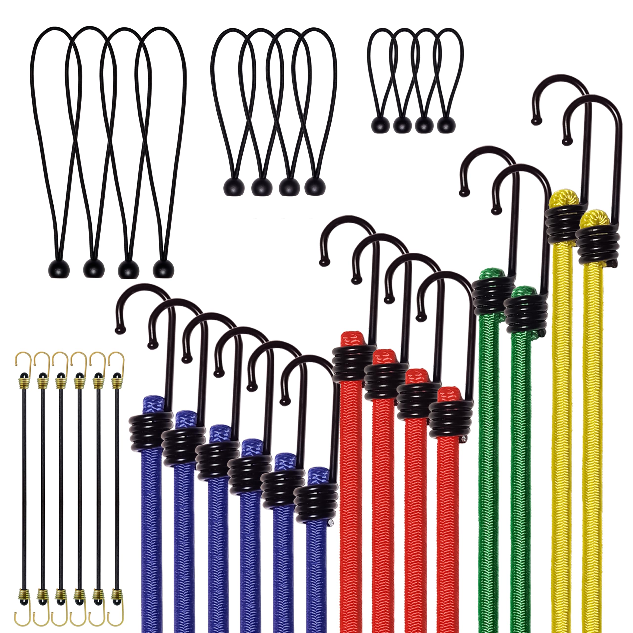 Bungee Cords with Hooks, Heavy Duty Assorted Set, 32PCS – 18", 24", 32", 40" Bungee Cords, Mini &amp; Ball Bungees for Tarp, Tent, Truck, Outdoor. UV Resistant