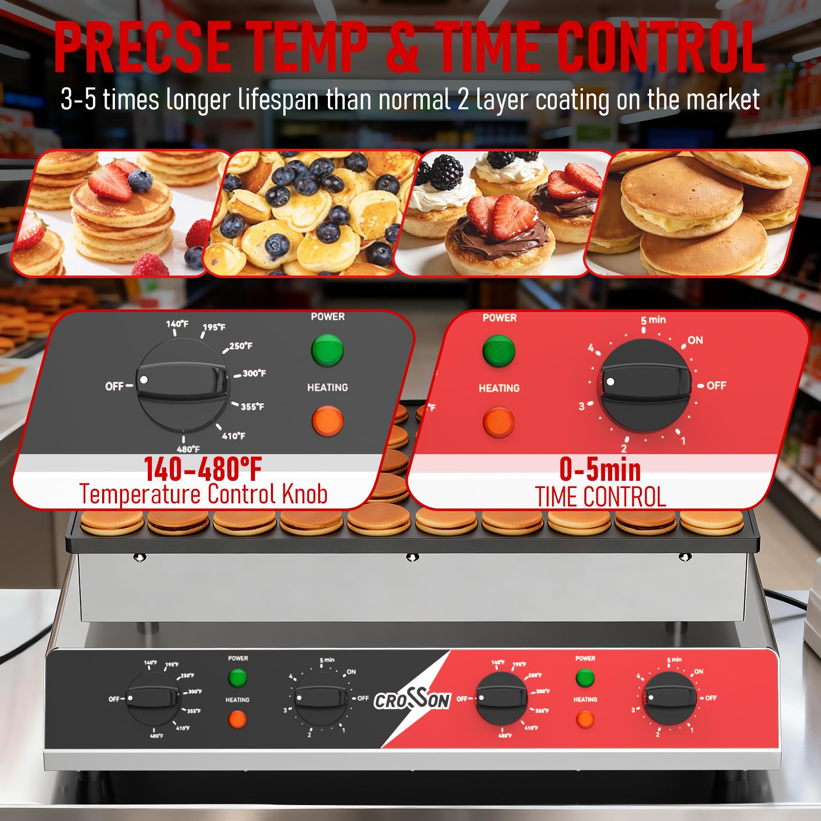 CROSSON Macchina per Mini Pancake 50 Fori 43 mm Antiaderente 1700W