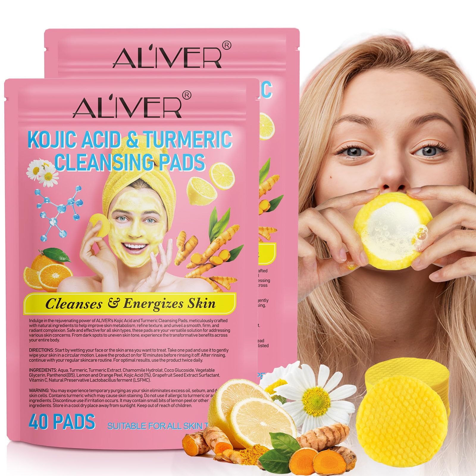 akareni 80Pcs Turmeric Kojic Acid Cleansing Pads, Kojic Acid Turmeric Cleansing Pads for Face Dark Spots, Cleanser and Exfoliation, Helps Balance Skin