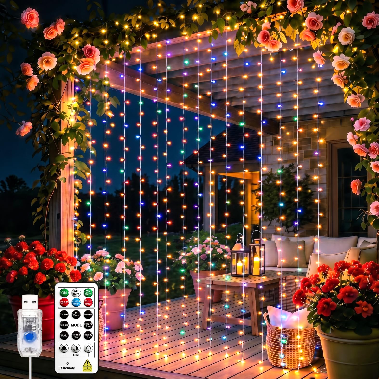 Cortina de luz para dormitorio, 200 luces LED de 6.5 x 6.6 pies, multicolor para colgar en la pared, cortina de hadas de hadas, 8 modos de luces remotas para interiores para bodas, fiestas,