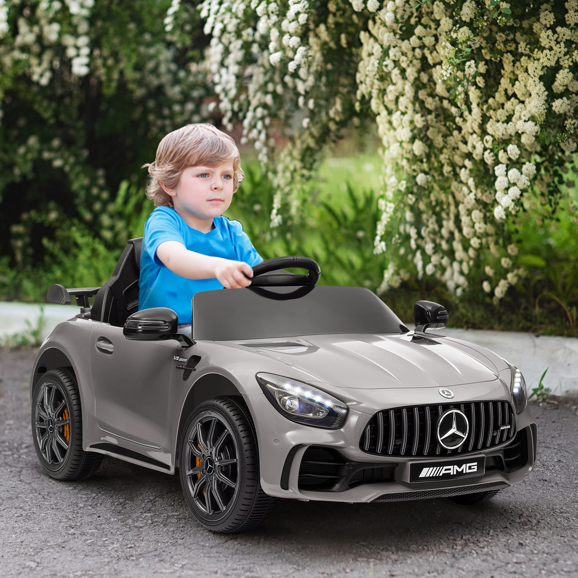 AIYAPLAY Coche Eléctrico para Niños de +3 Años Mercedes-Benz AMG GTR Carro Eléctrico Infantil con Batería 12V Mando a Distancia Faros Bocina Música MP3 Arranque Lento y Pantalla Plata