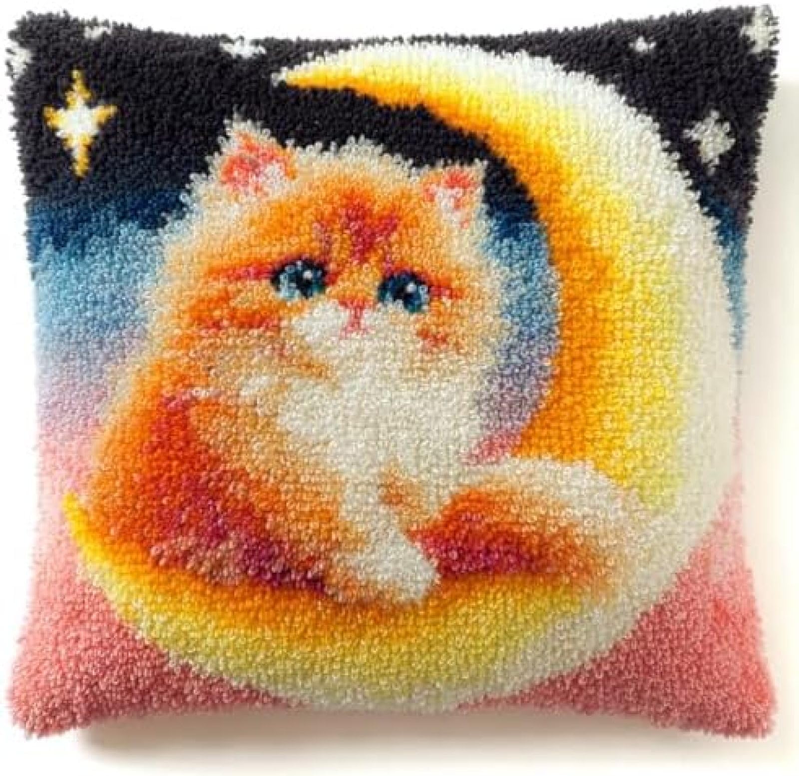 kitphoenix DIY Latch Hook Cushion Kit Persian Cat Sit On Moon,Beginner-Friendly Rug Hooking Pillow Kit,Crochet Craft Cushion Cover for Home Decor,43x43 cm-2