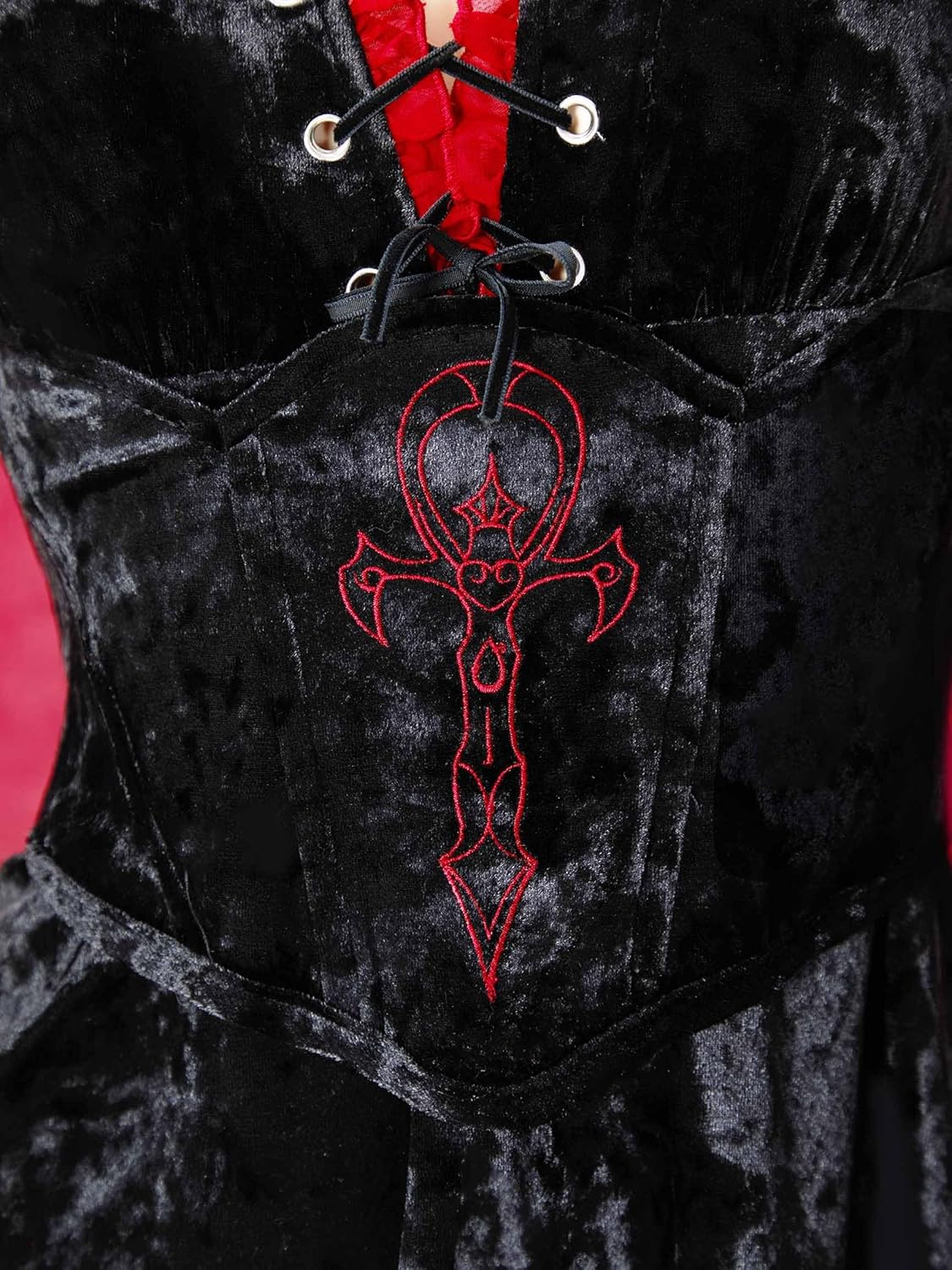 MEOWCOS Women's Medieval Dress Gothic Black Velvet Dress Vampire Style Vintage Flared Sleeve Dress with Corset Choker - Image 6