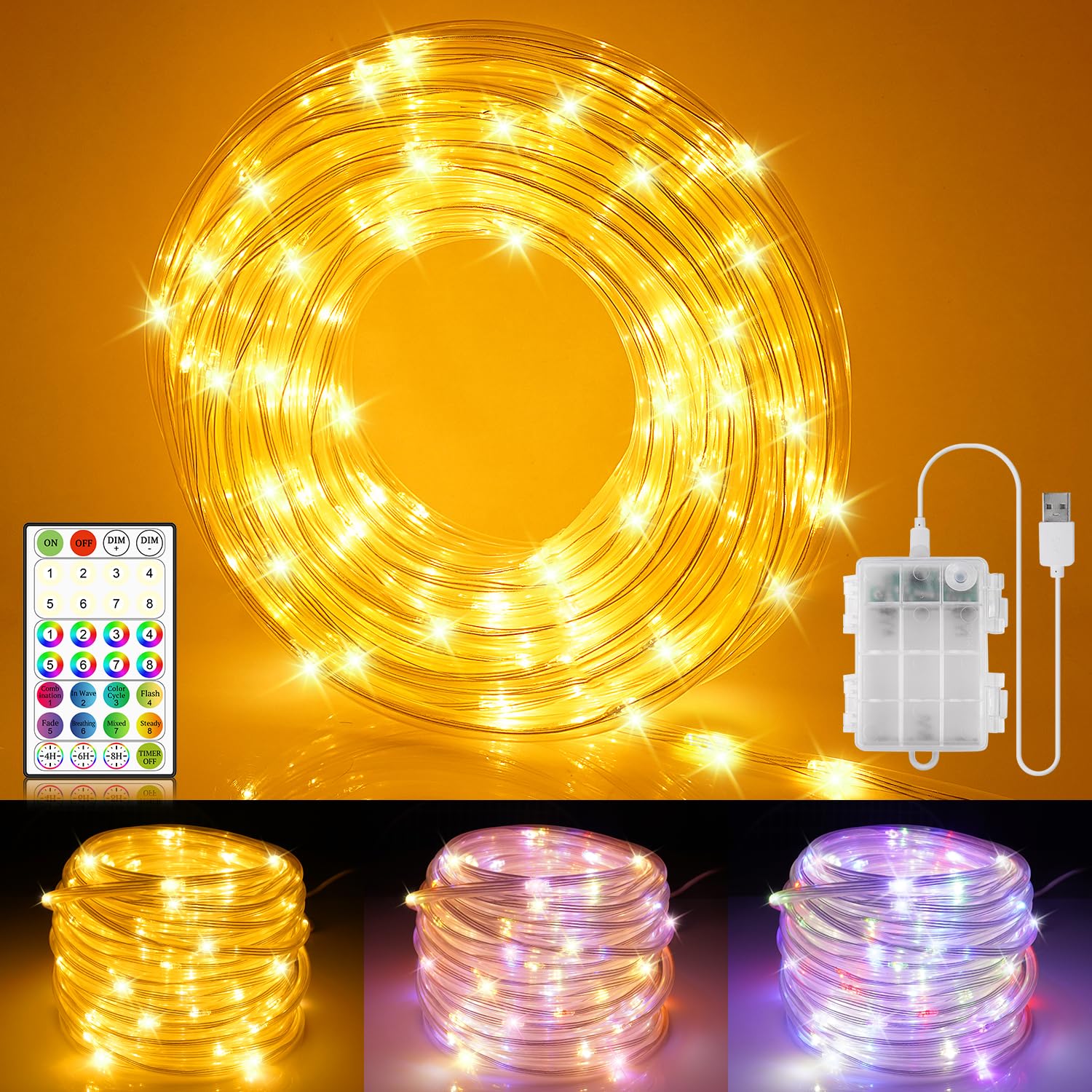 OMIKA Battery Operated Rope Lights for Outside, 66ft 400 LEDs Warm White+Multicolor LED Rope Lights USB Powered, Trampoline Lights Tube with Remote