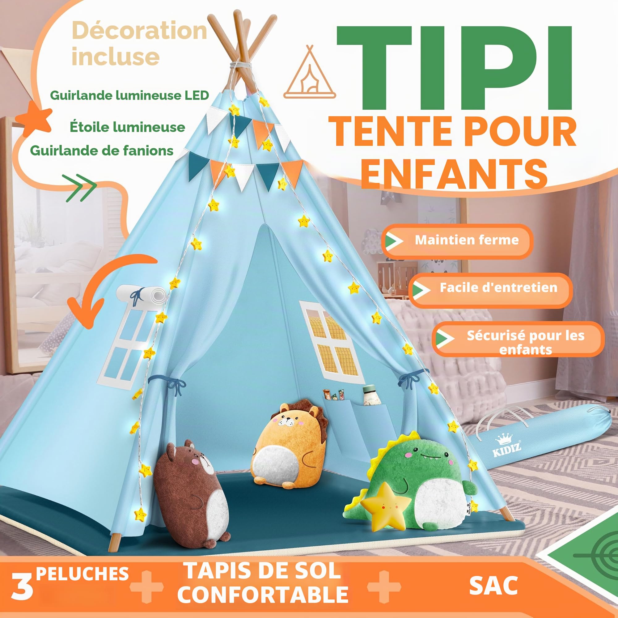 KIDIZ® Tente de jeu pour enfant 100 x 100 x 160 cm en coton avec guirlande LED, étoiles lumineuses, guirlande de drapeaux, 3 animaux en peluche, tapis et sac de transport