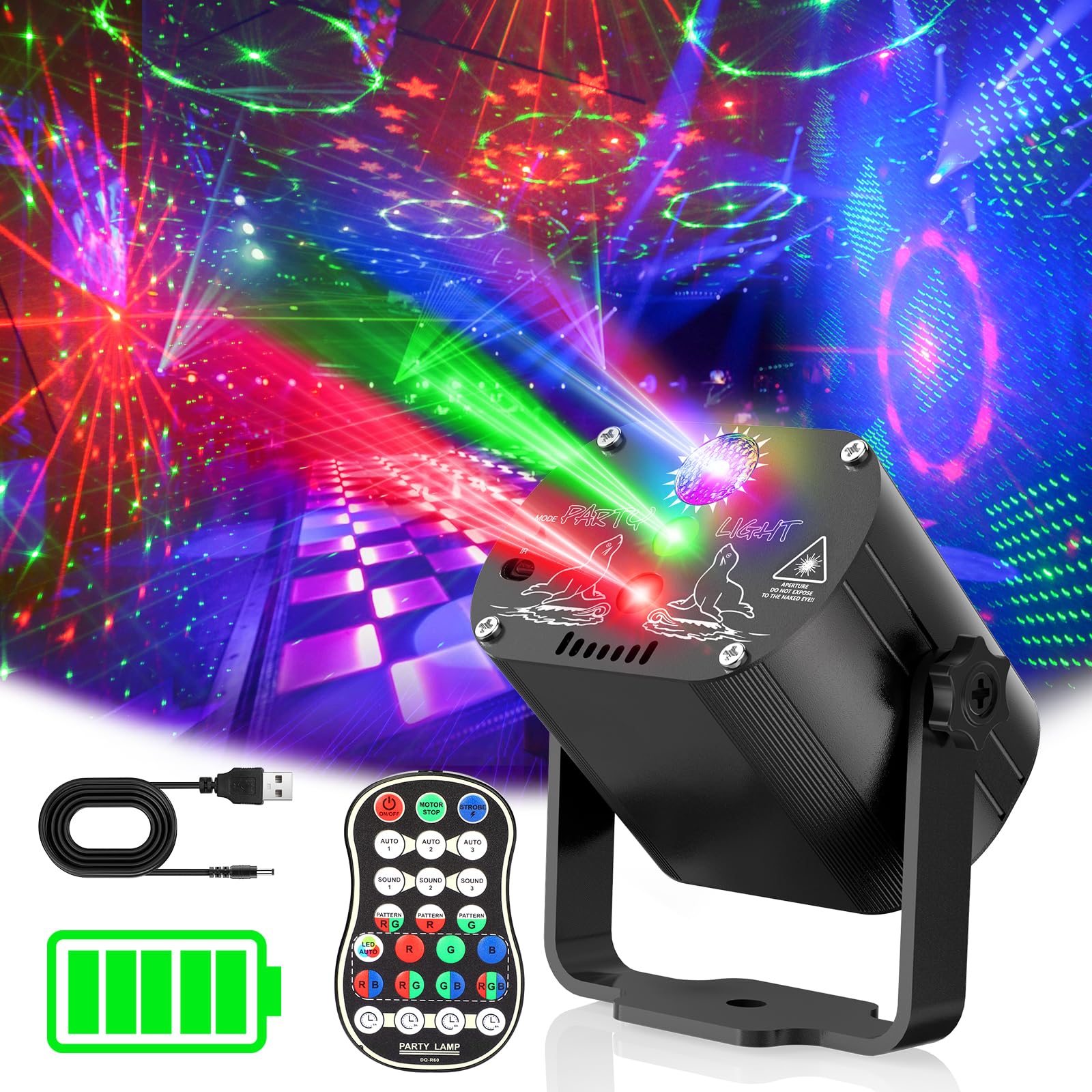 Luz de fiesta Tyonto con disco LED inalámbrico, batería de 4500 mAh y controlada por música. Proyector de 60 patrones, efecto estroboscópico, control remoto y cable USB de 2 m, ideal para fiestas
