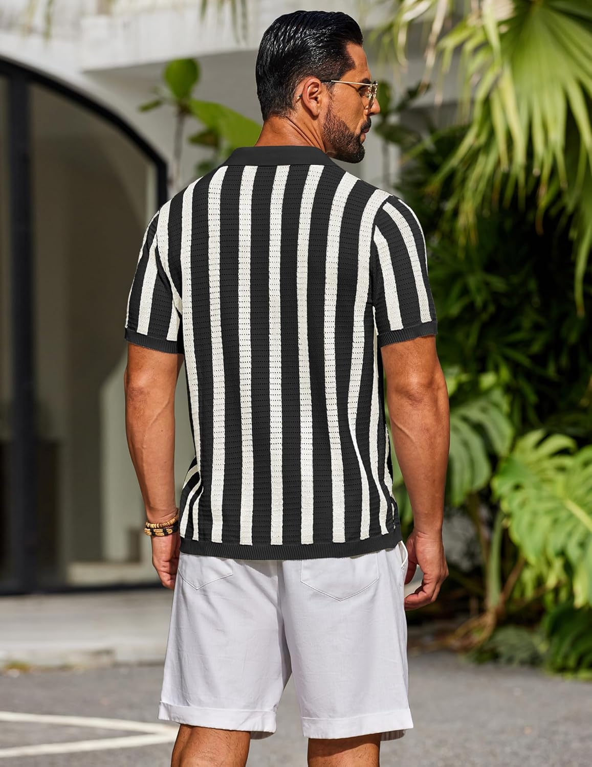 COOFANDY Men's Knit Shirts Short Sleeve Button Down Polo Shirt Striped Casual Summer Beach Shirts - Image 3