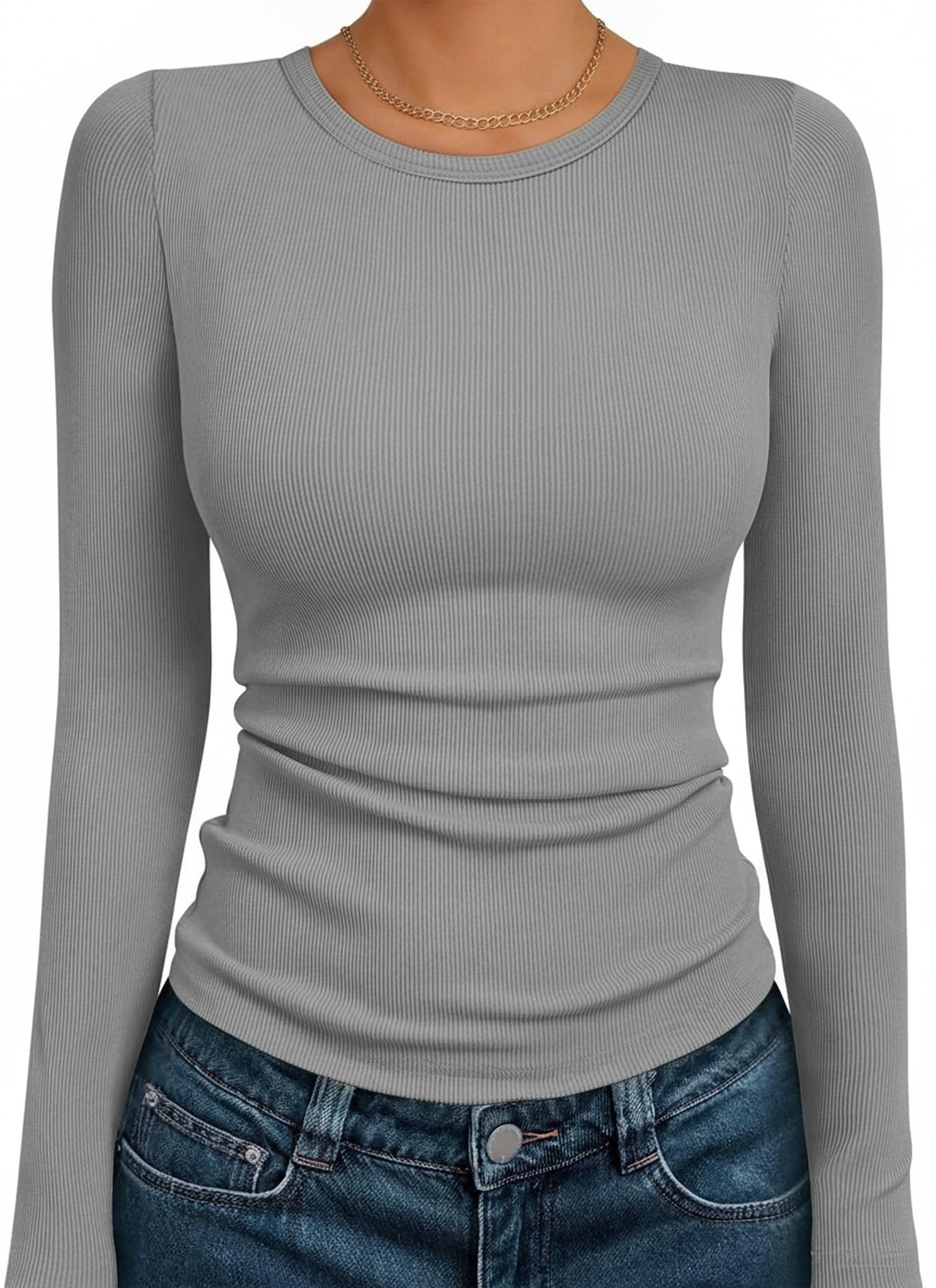Suncife Damen-T-Shirt, langärmelig, gerippt, Rundhalsausschnitt, schmale Passform, gerippt, Tunika-T-Shirt