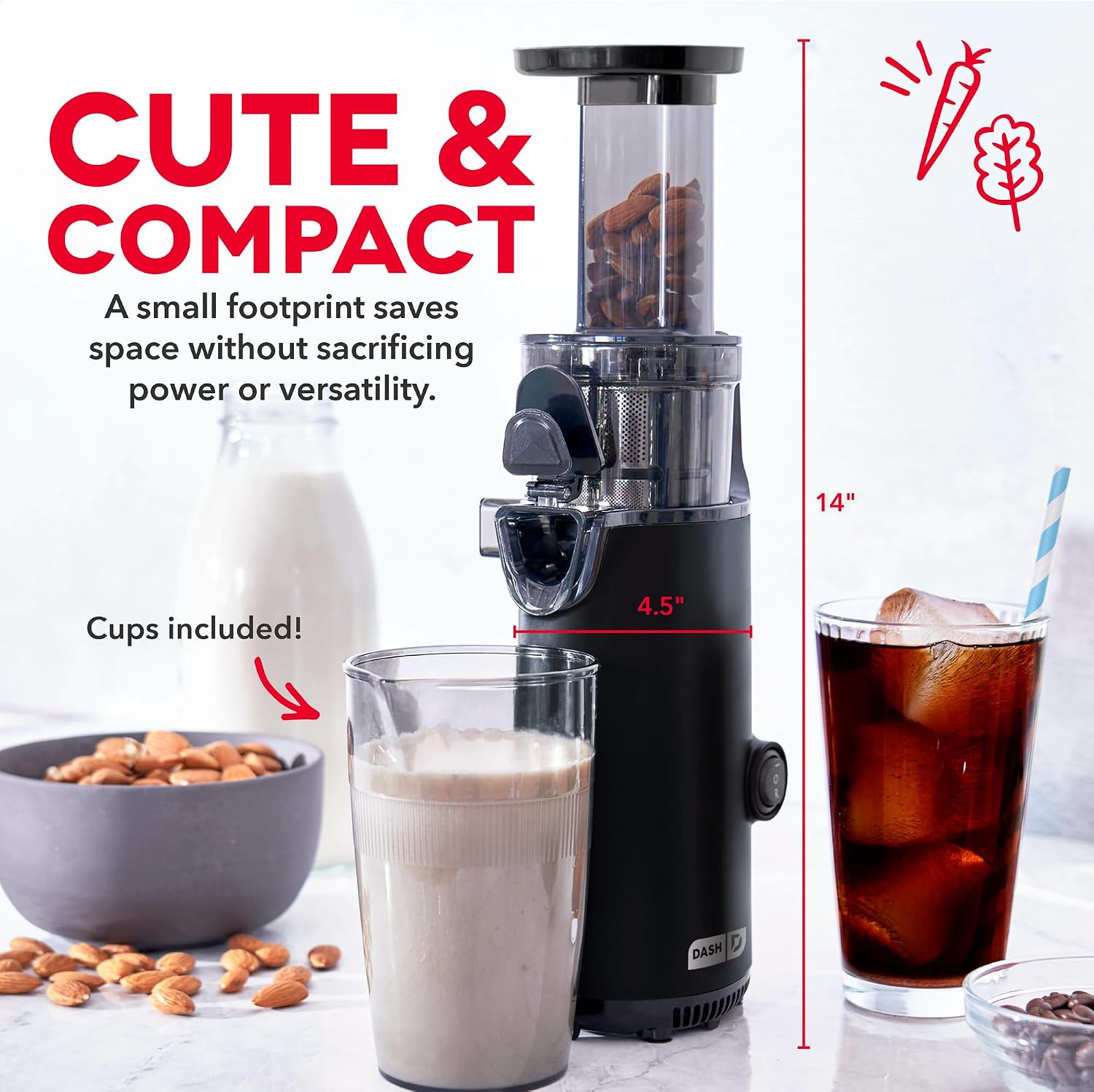 Dash Deluxe Compact Cold Press Juicer - Slow Masticating Juicer Machine for Fruits and Vegetables with Frozen Attachment - Easy to Clean Juice Press for Home Countertops - Black