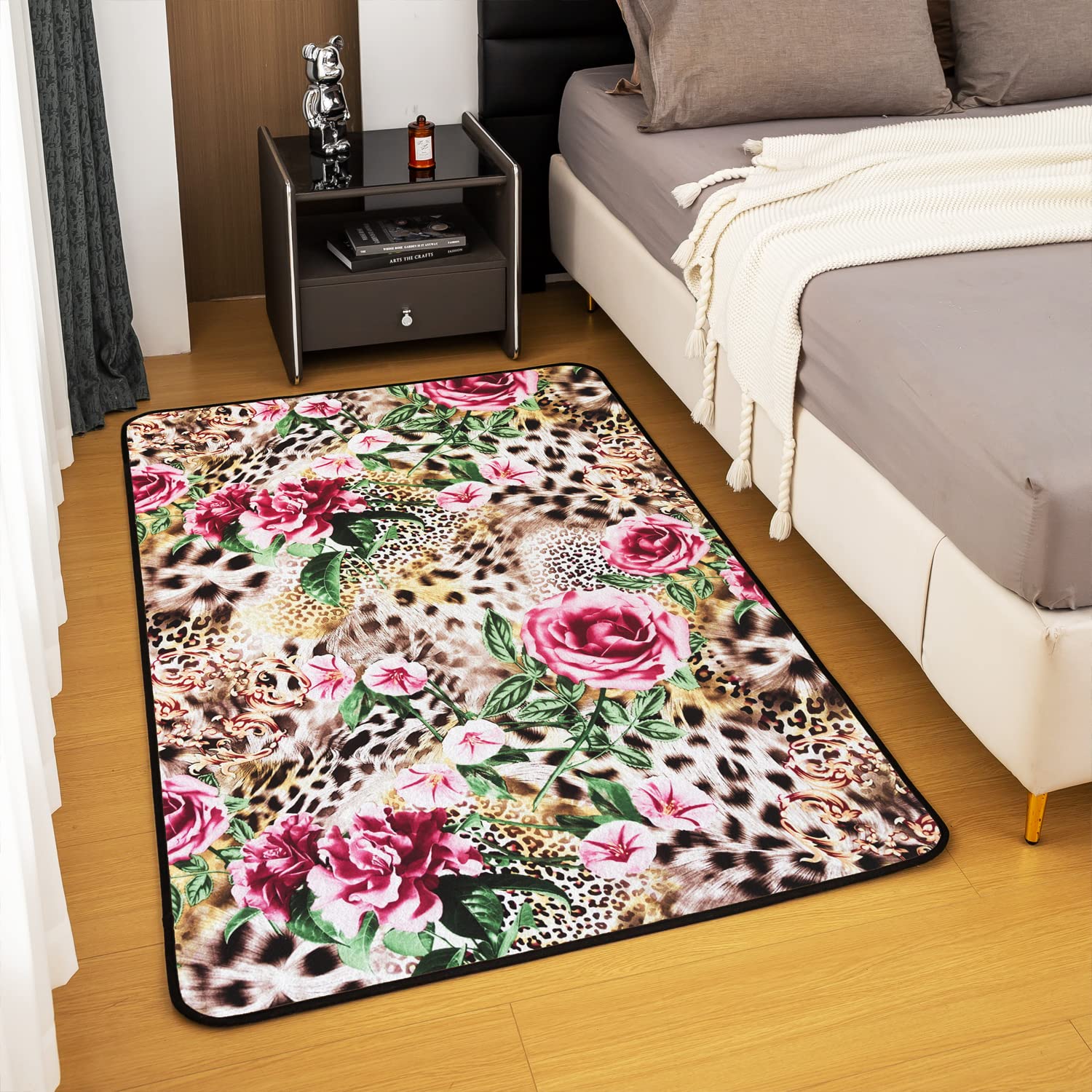 Homemissing Leopard Area Rug Kids Floral FLower Print Decorative Carpet Set Room Decorative Cute Cheetah Print Rugs for Living Room Safari Natural Theme Pink Indoor Floor Mat 100 * 150cm - Image 4