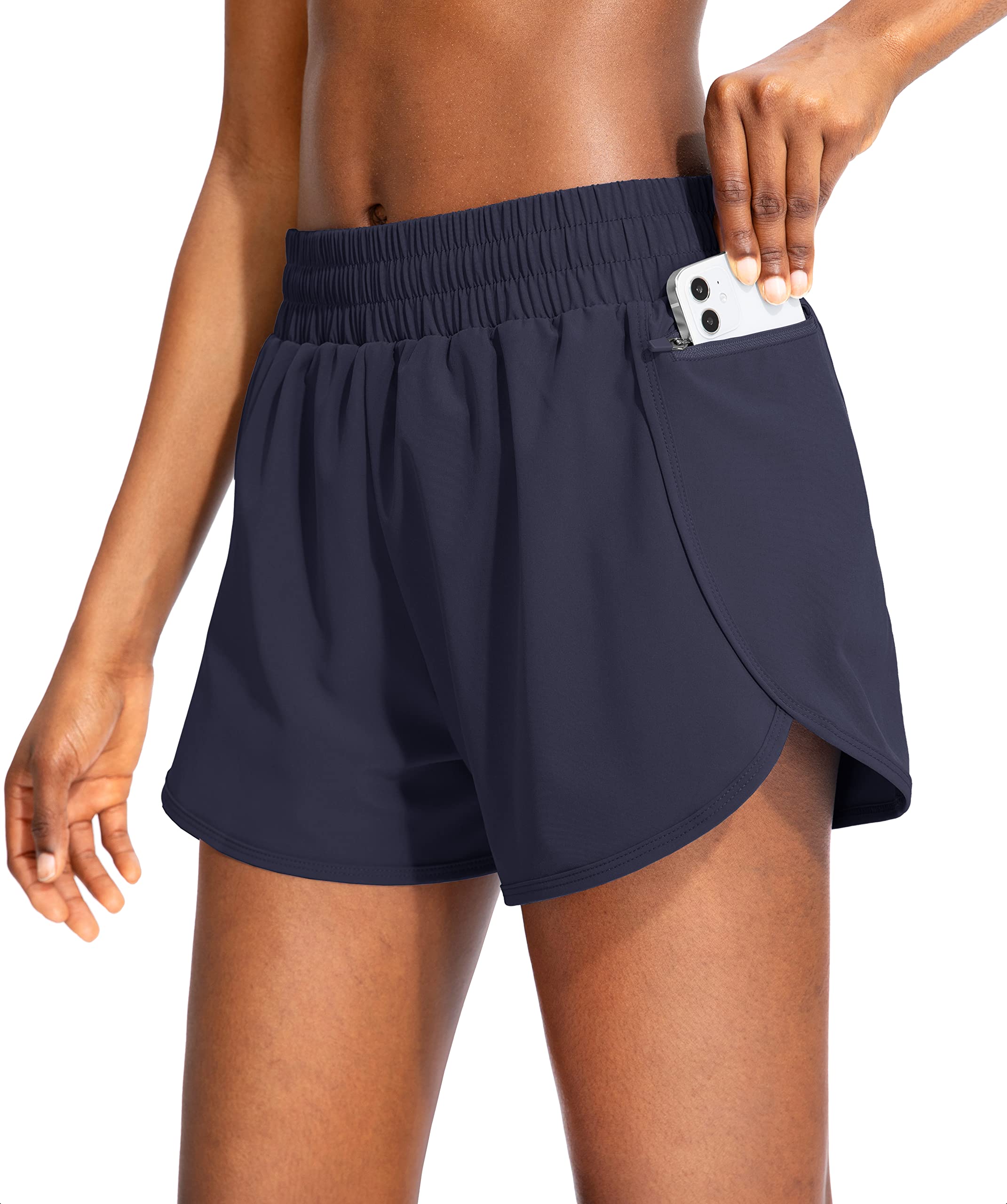 Soothfeel Womens Running Shorts with Zipper Pockets 3"/5" High Waisted Athletic Gym Workout Shorts for Women with Liner
