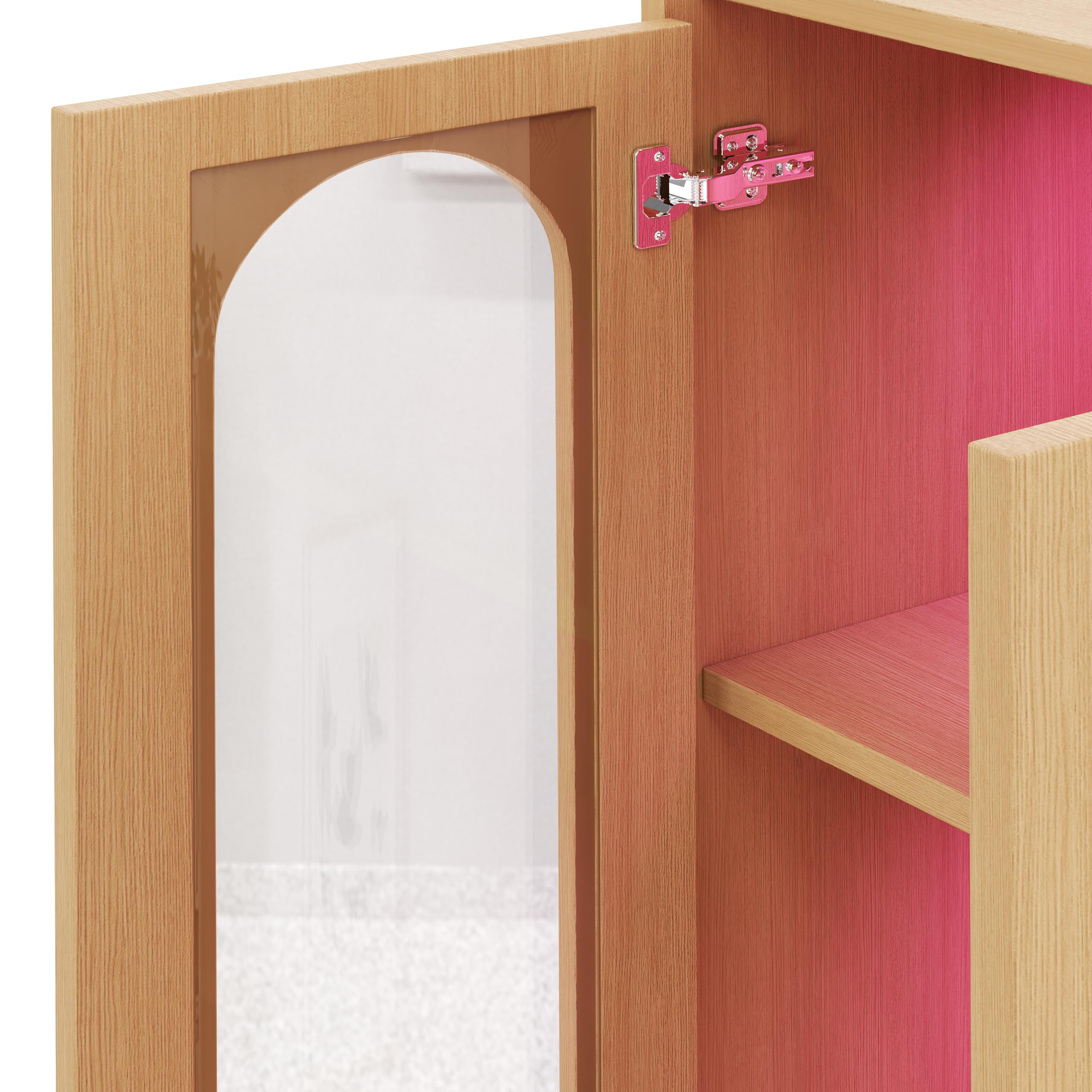 BTM Bücherschrank mit Glastüren, Vitrinenschrank mit LED & Schubladen Schmal Hochschrank Schrank Wohnzimmer, Holzoptik