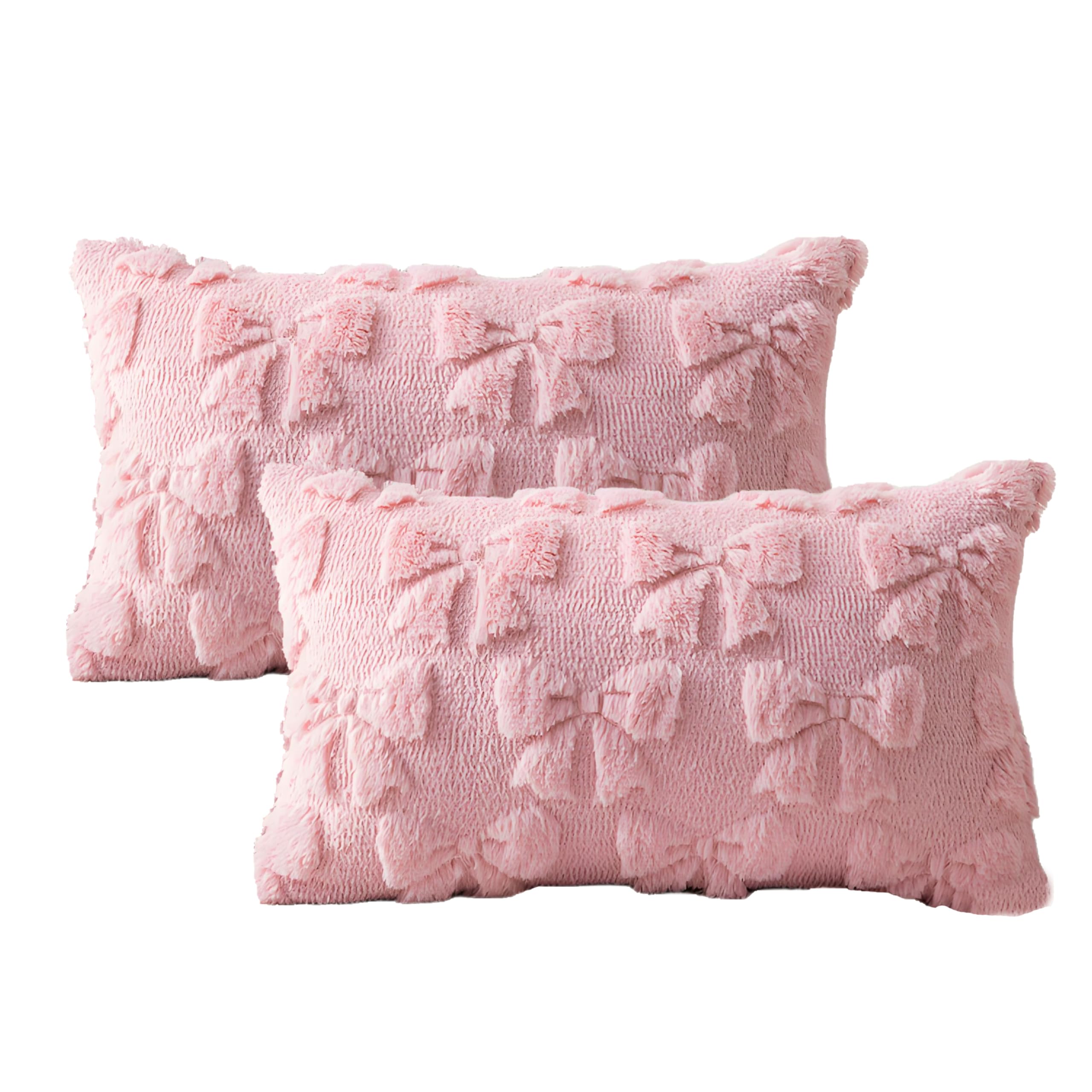 TAOSON Pack of 2,Valentines Day Decoration Pink Cute Bow Soft Plush Faux Fur Jacquard Throw Pillows Soft Couch Pillowcases Cushion Covers for Living Room Girl Bed Sofa Home Decor 12x20 inch