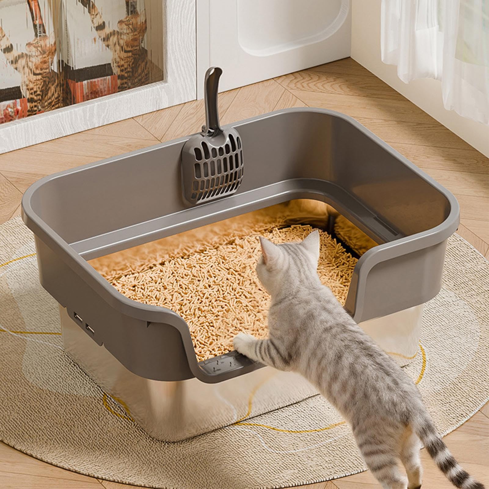 Lettiera per Gatti Vassoio Igienico per Animali con Pulizia Semplice | Vasino Per Gatti In Metallo Con Bordi Alti Per Piccoli Animali Interno Angolo Appartamento Balcone Terrazzo